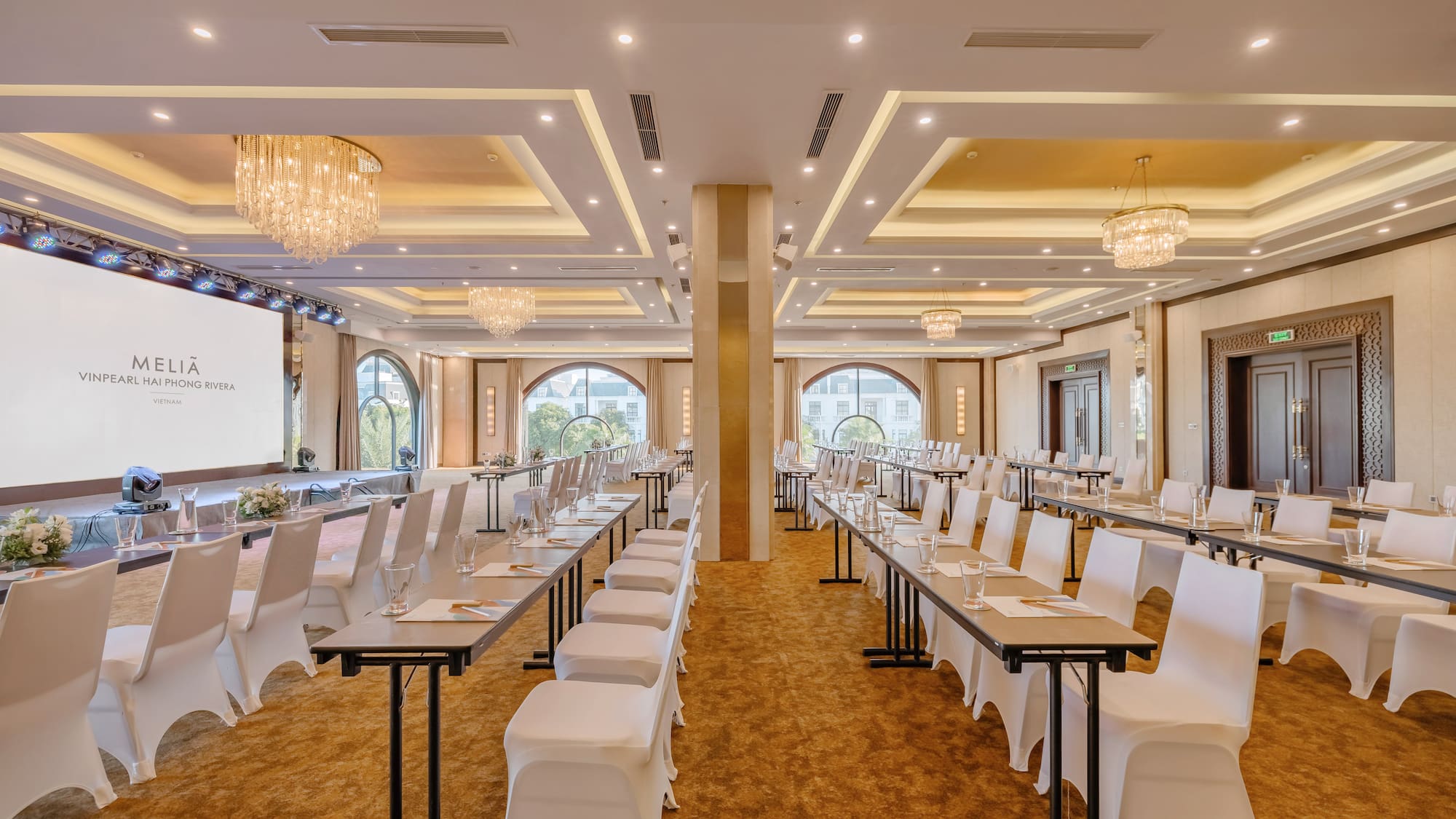 a room with tables and chairs