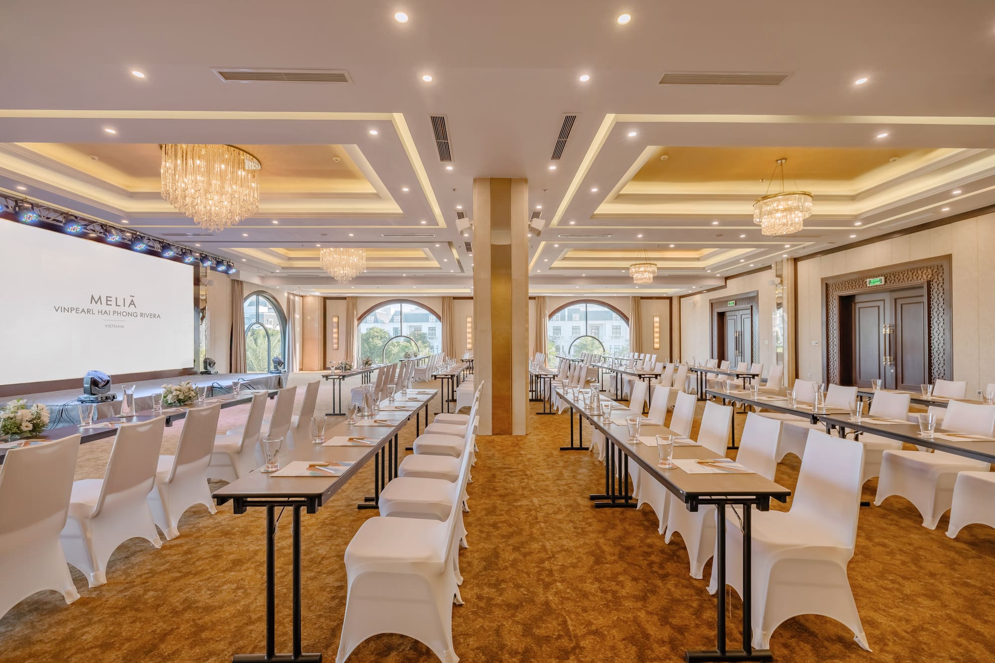 a room with tables and chairs