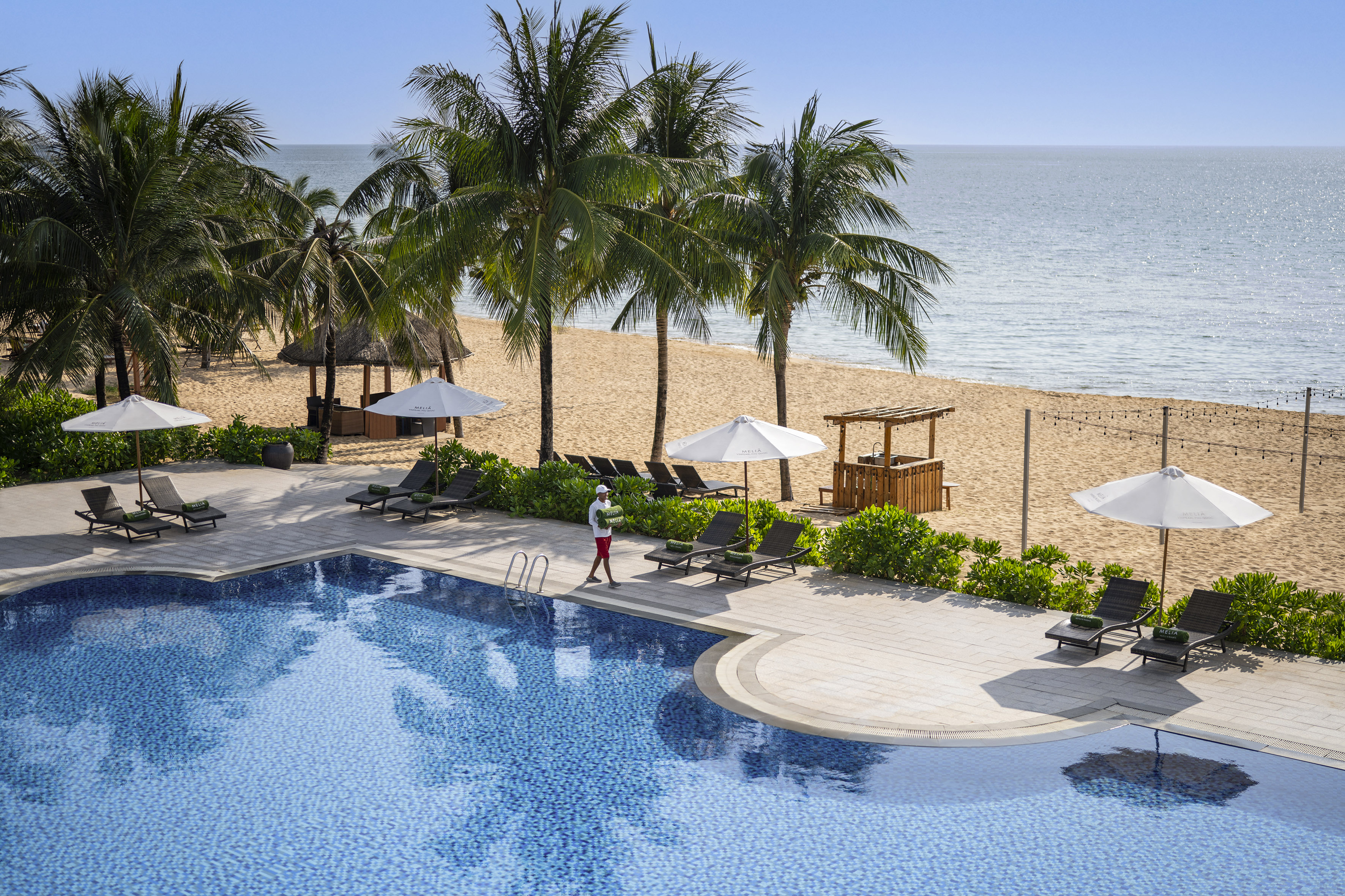 Tropical beachfront resort pool and beach with palm trees, sunbeds.