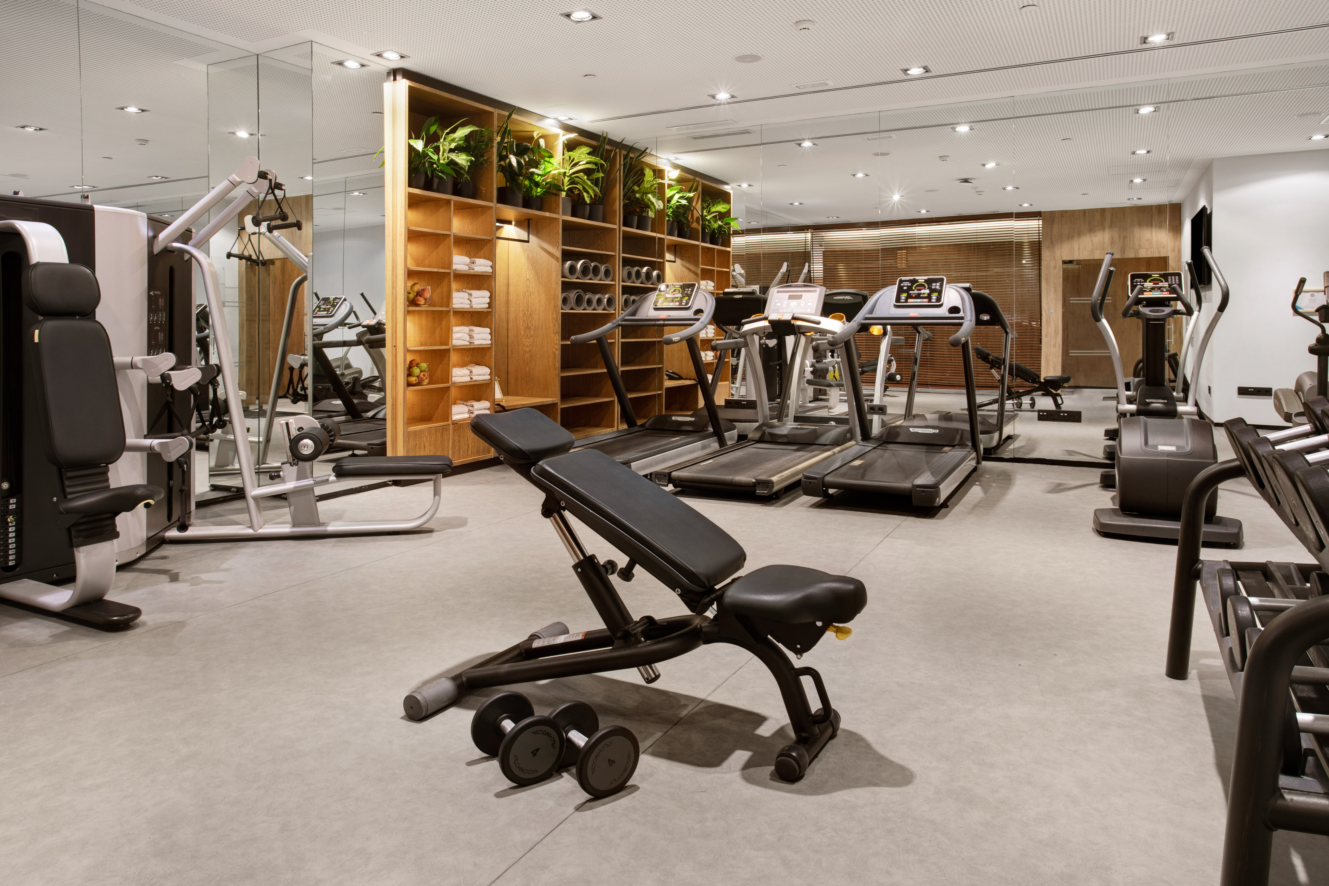 Modern fitness center with treadmills, weight machines, dumbbells, and green plants.