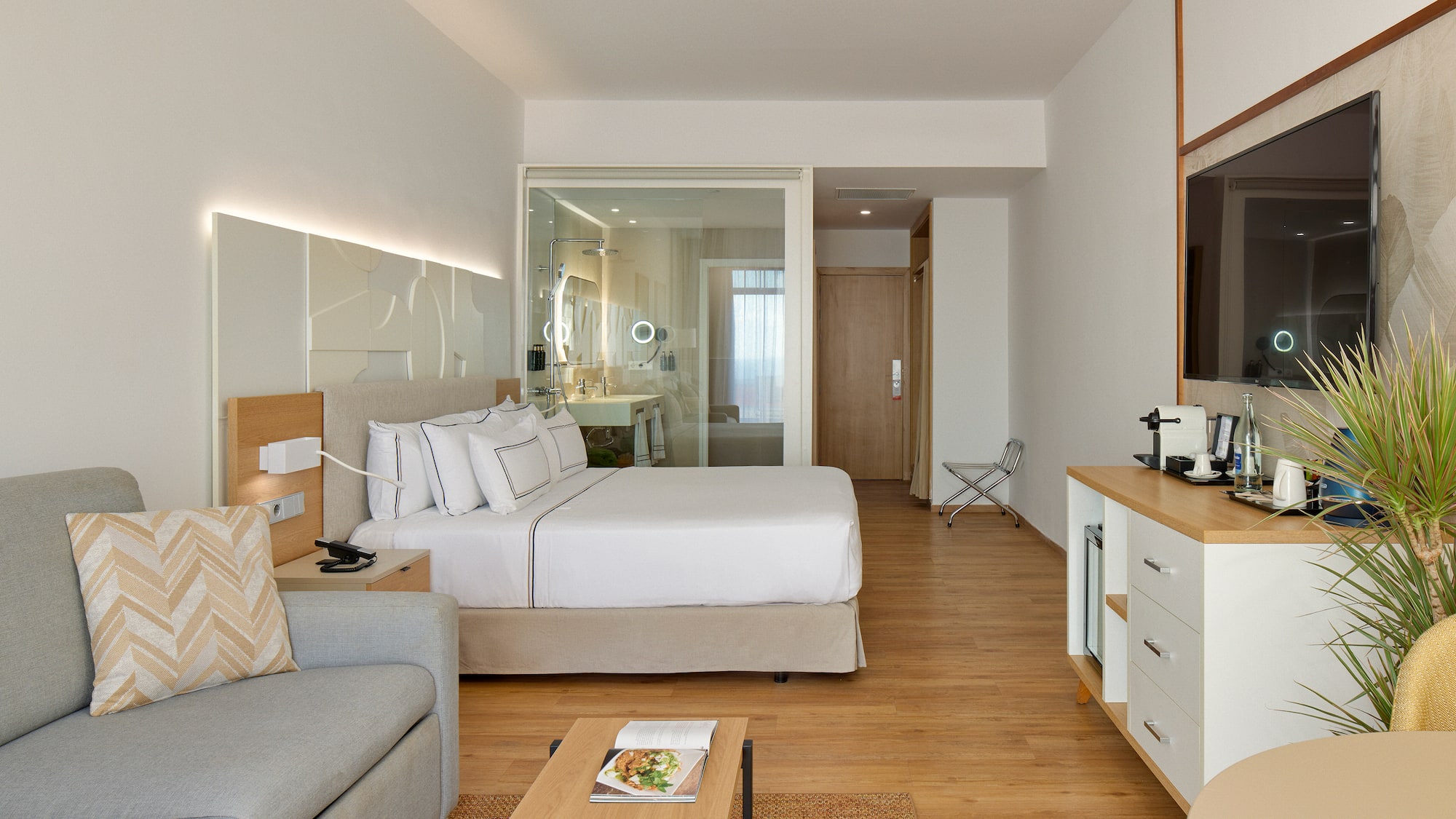 a bedroom with a bed and a couch