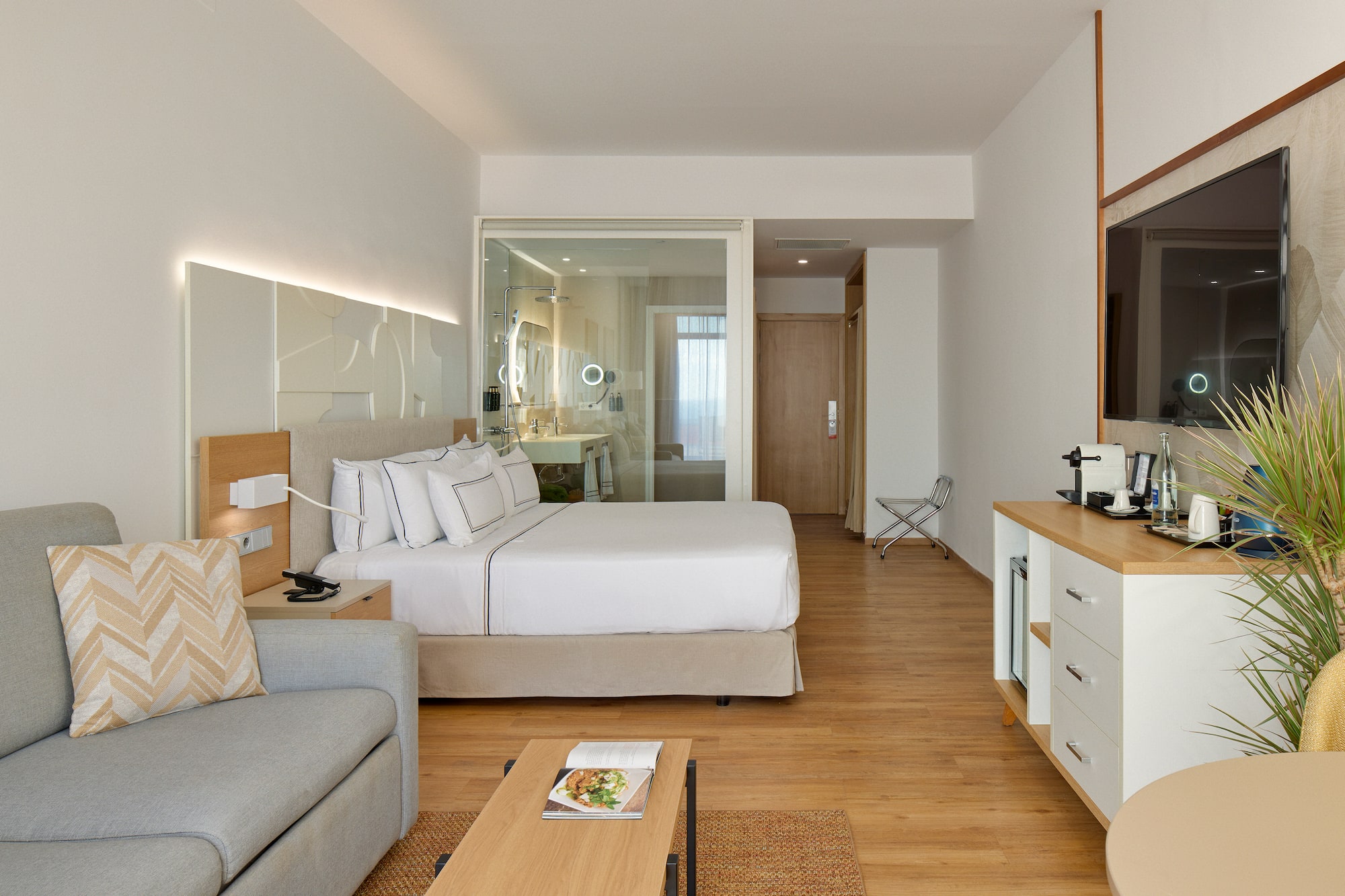 a bedroom with a bed and a couch