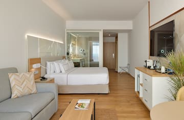 a bedroom with a bed and a couch