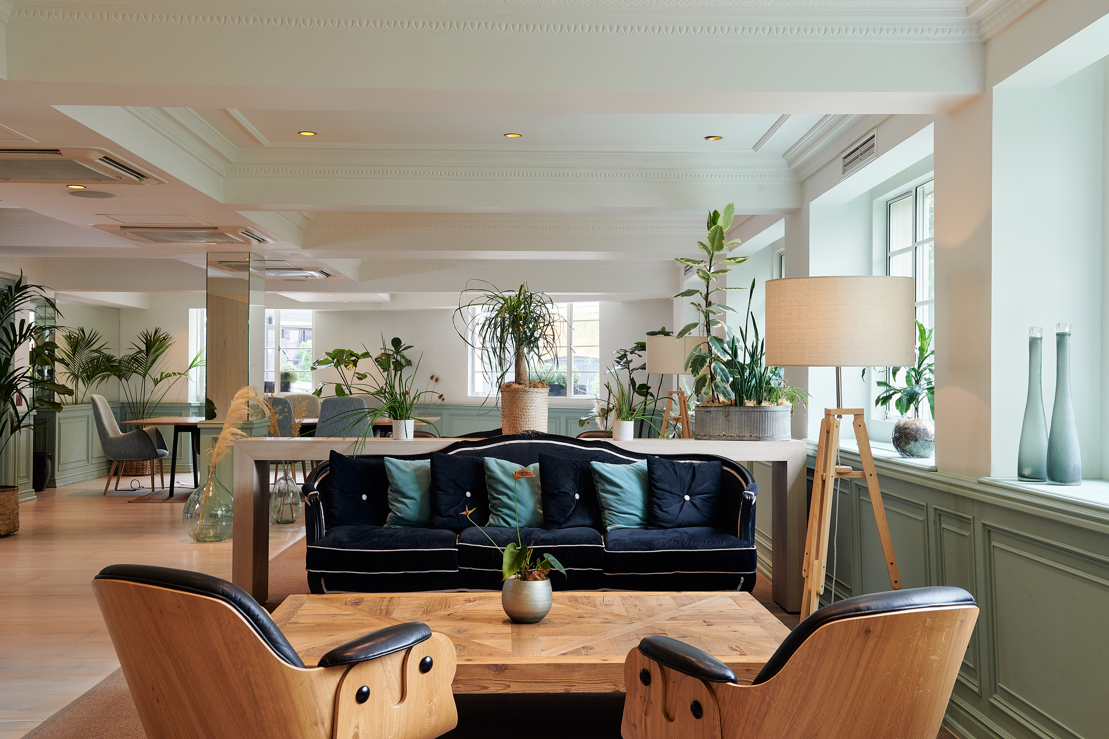 Modern hotel lounge with comfortable sofa, wood chairs, and abundant green plants.