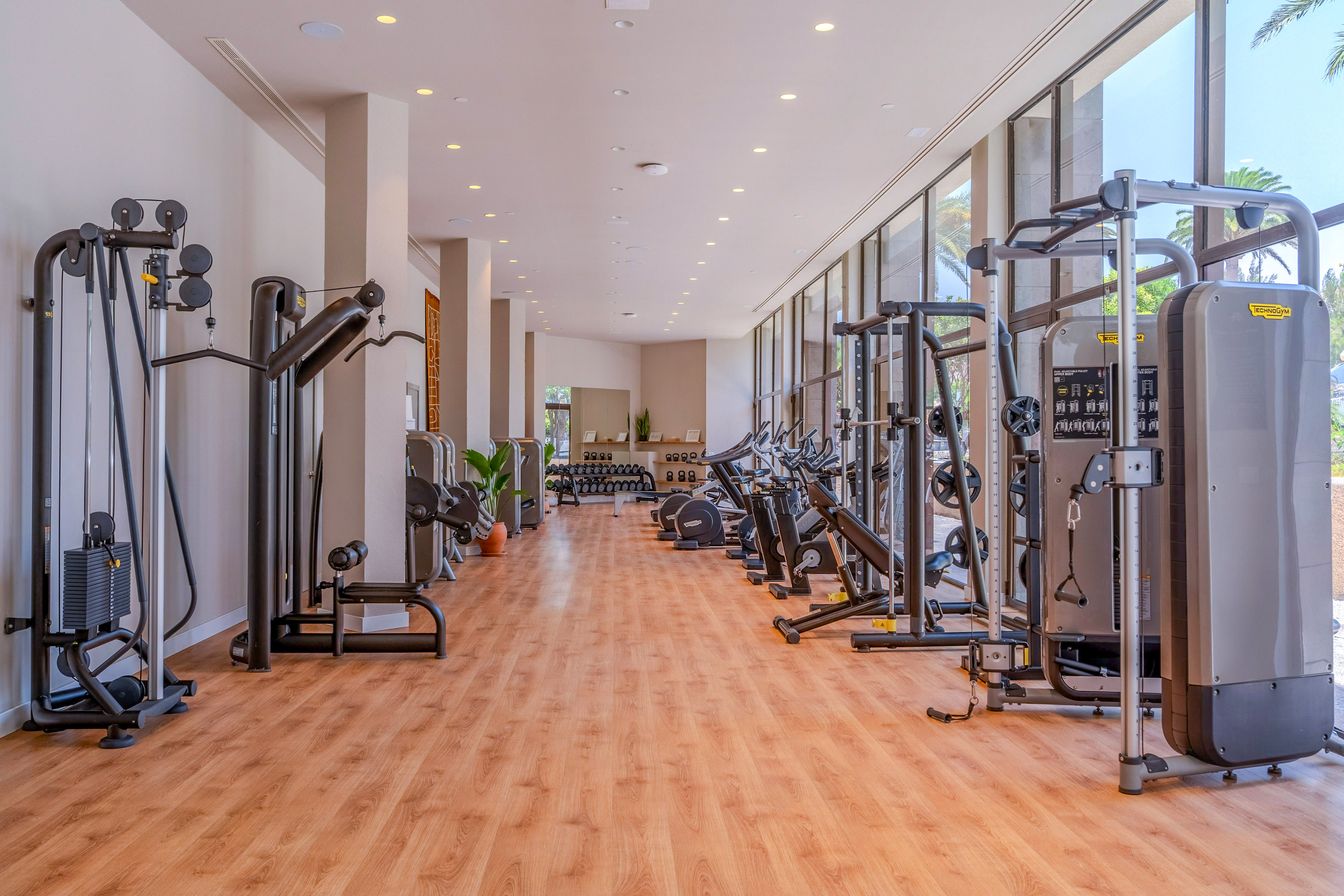 Spacious modern gym with cardio and weight machines, large windows, wooden floor.