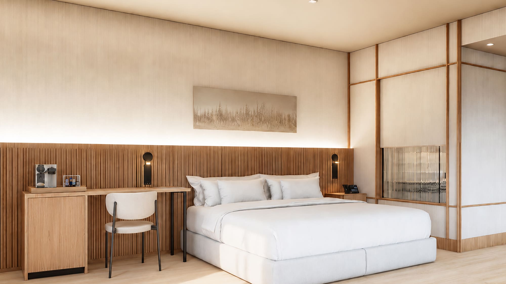 Habitación hotel moderna: cama, escritorio, cabecero y acabados en madera clara.