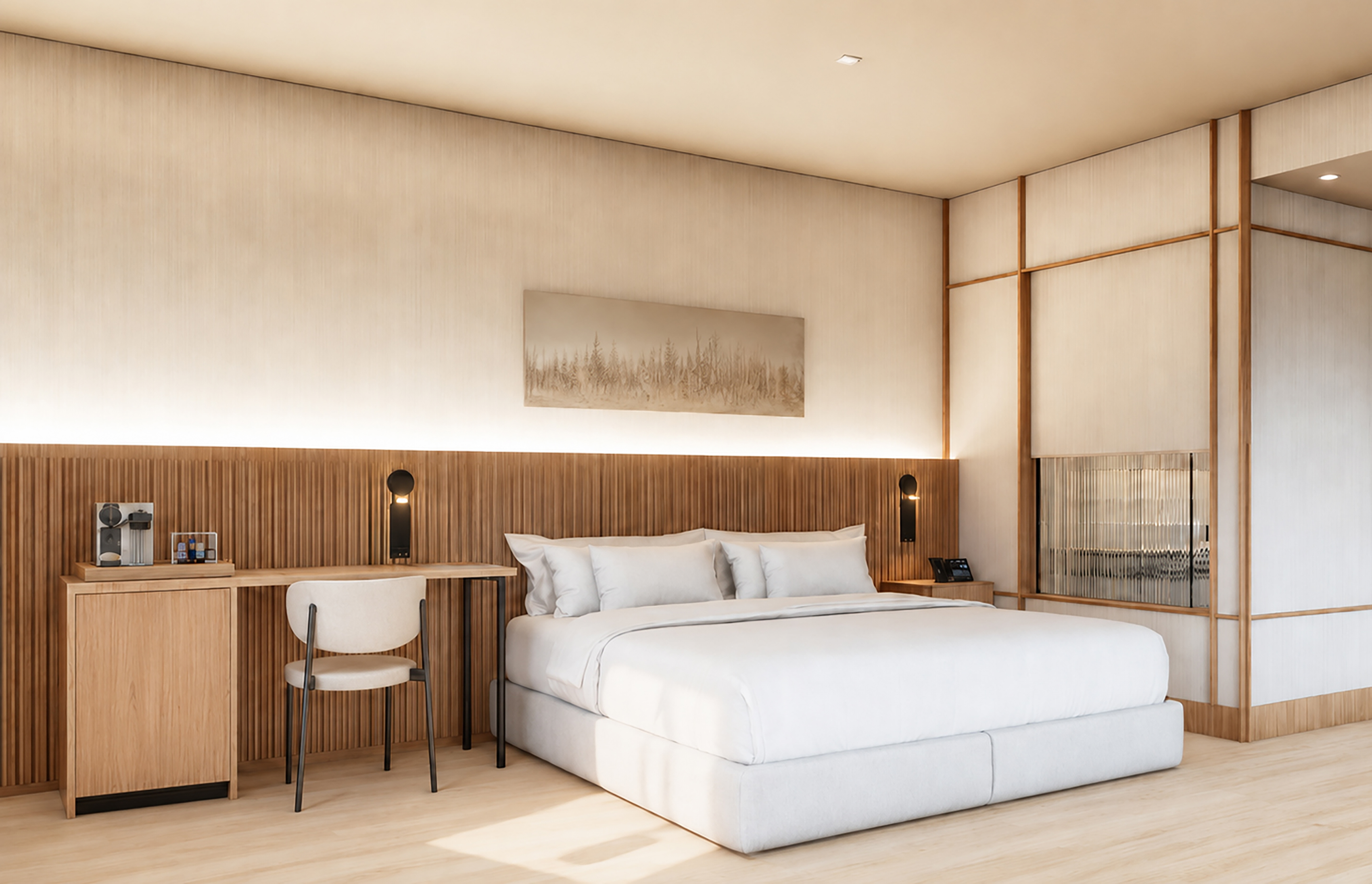 Habitación hotel moderna: cama, escritorio, cabecero y acabados en madera clara.