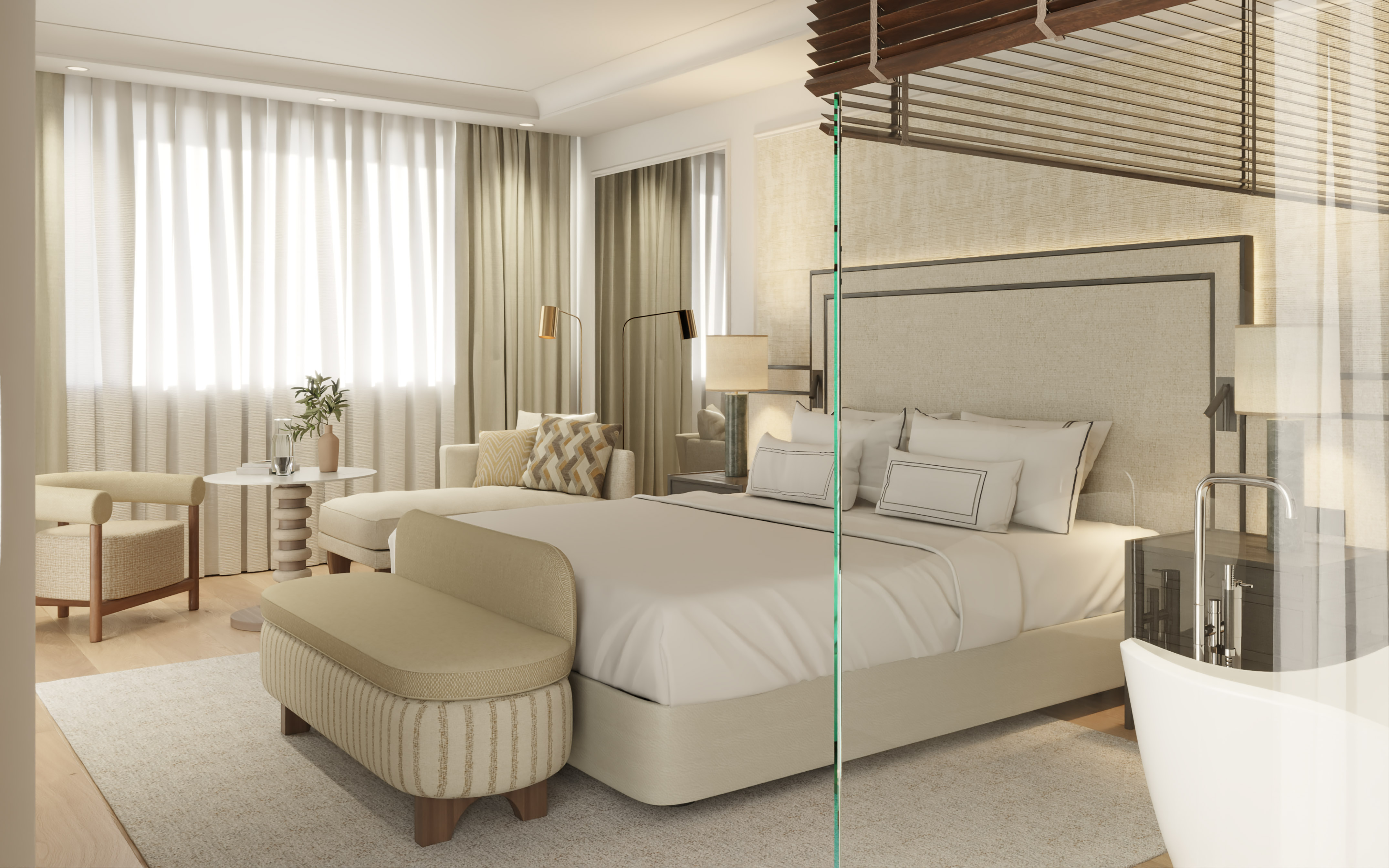 a bedroom with a bed and a bed and a table