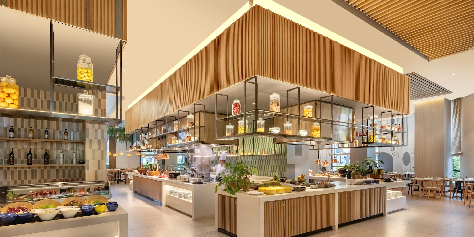 a restaurant with food on shelves