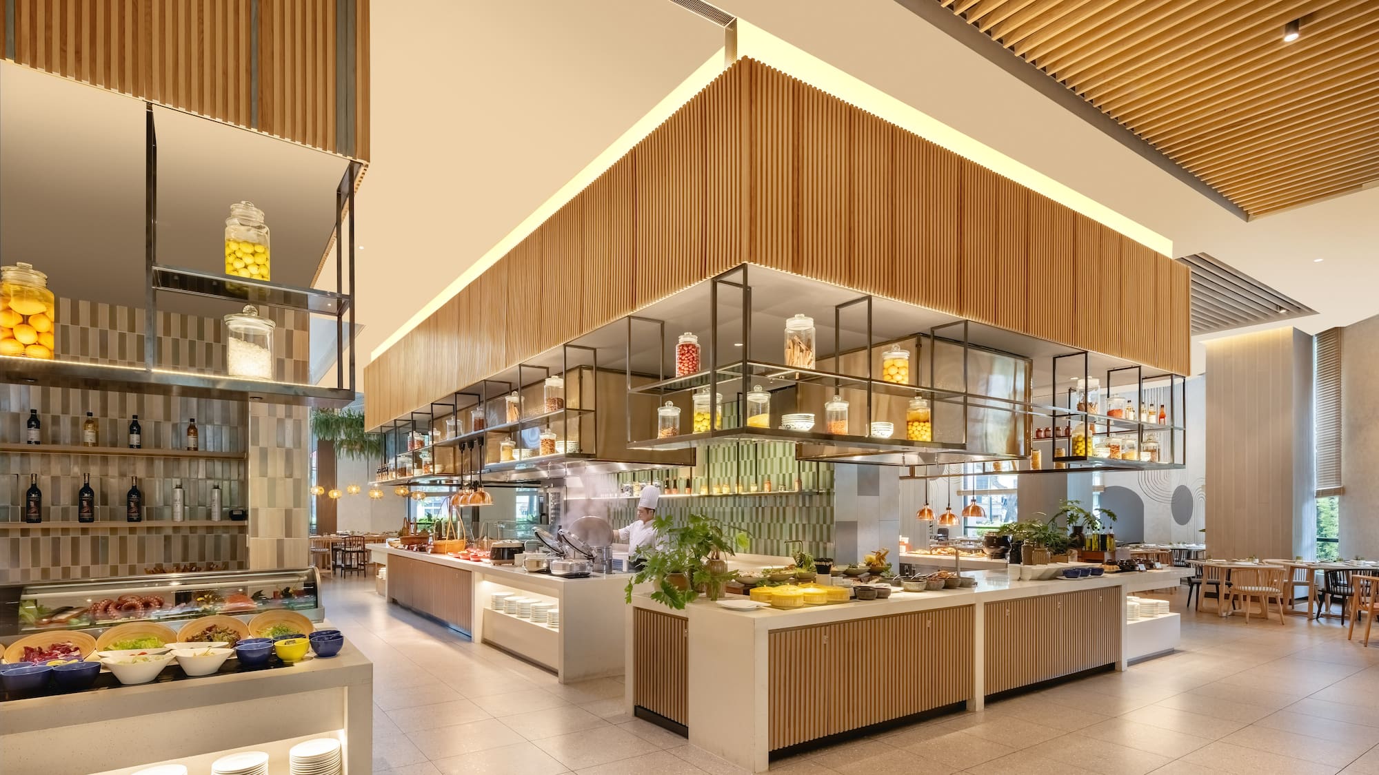 a restaurant with food on shelves