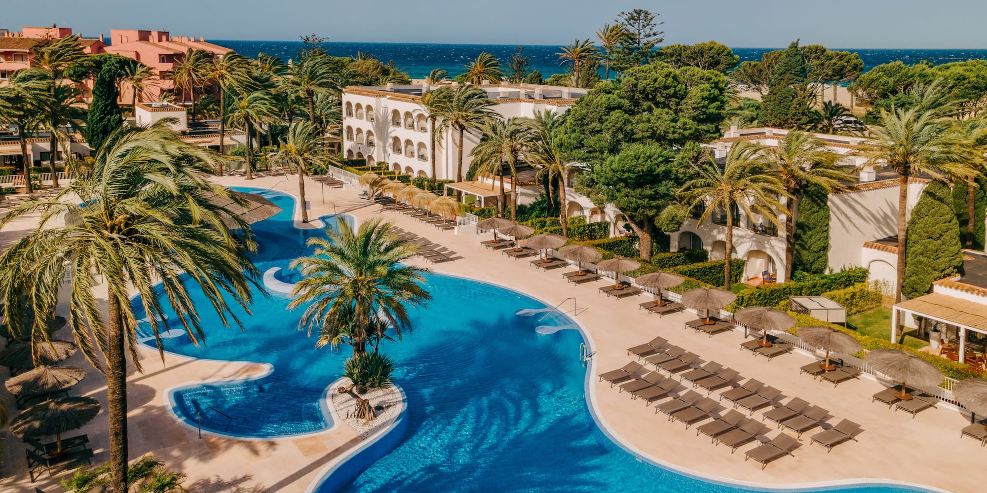 Tropical resort aerial: large pool, palm trees, hotel, ocean view.