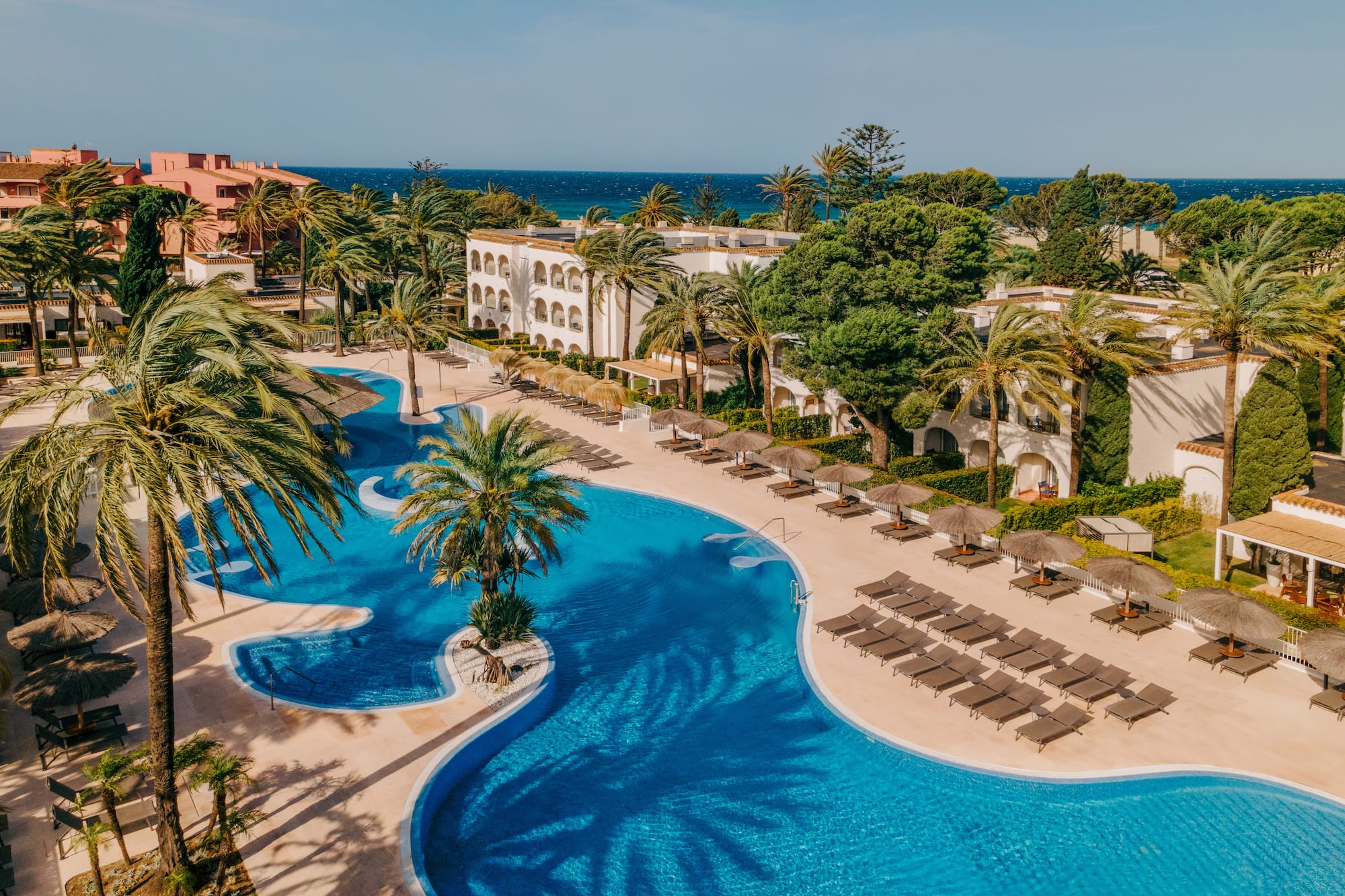 Tropical resort aerial: large pool, palm trees, hotel, ocean view.
