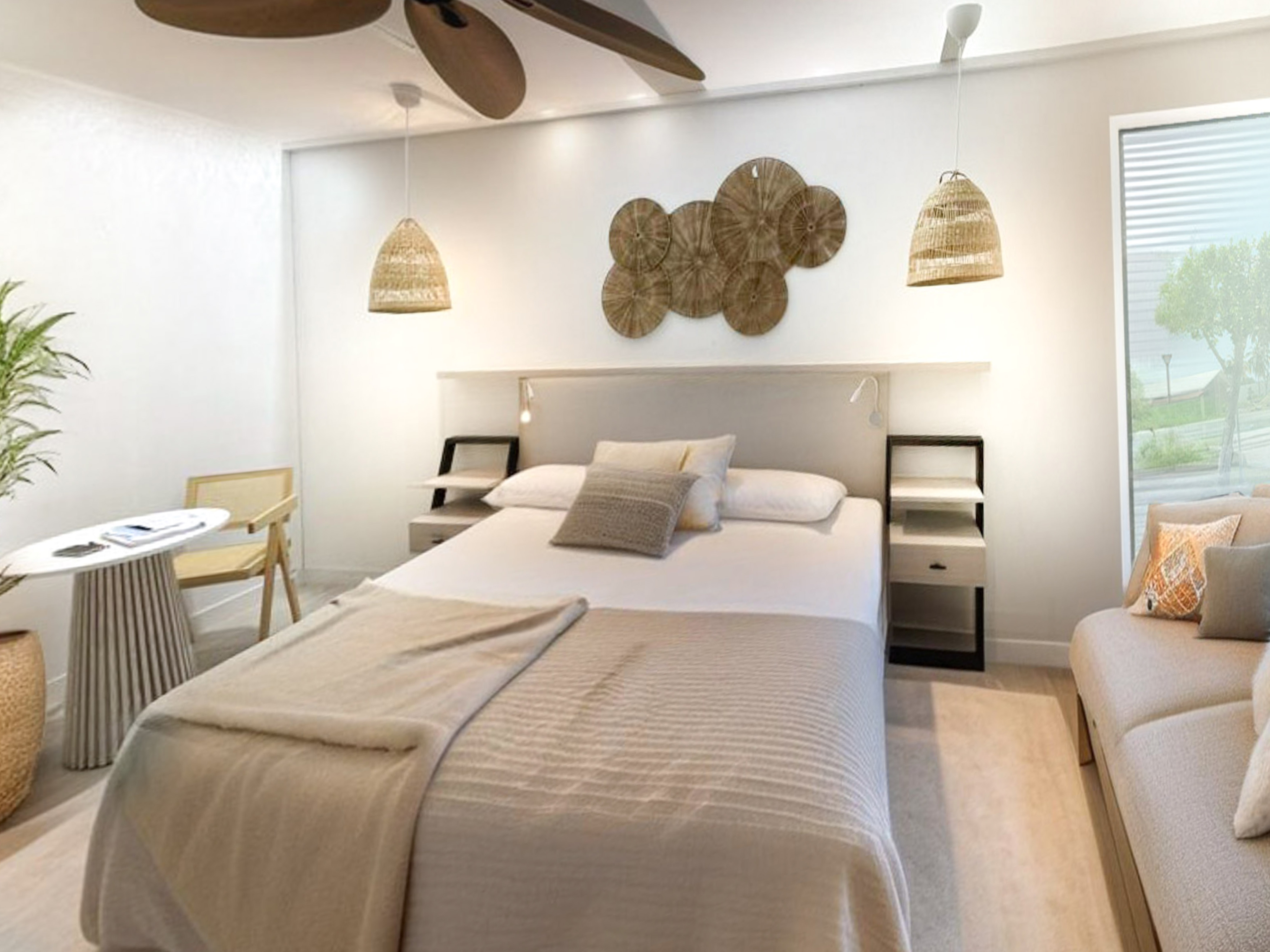 a bedroom with a bed and a fan