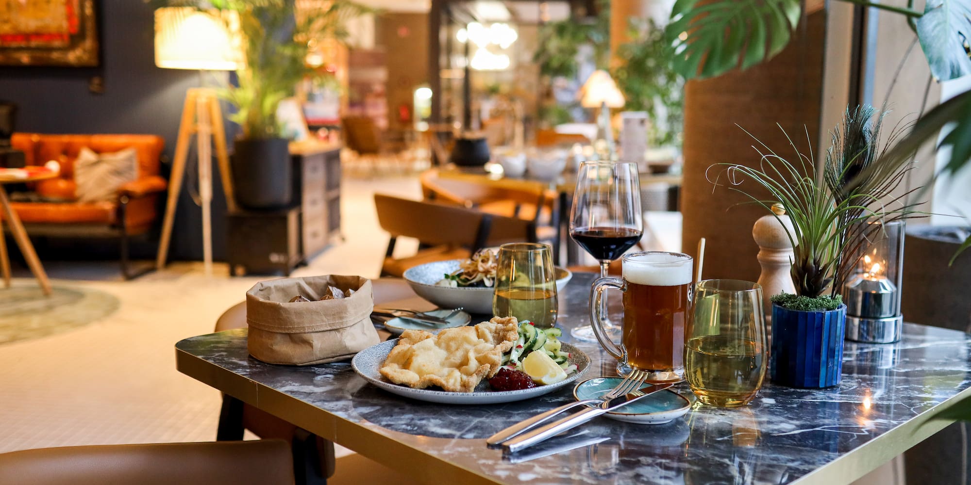 a table with food and drinks on it