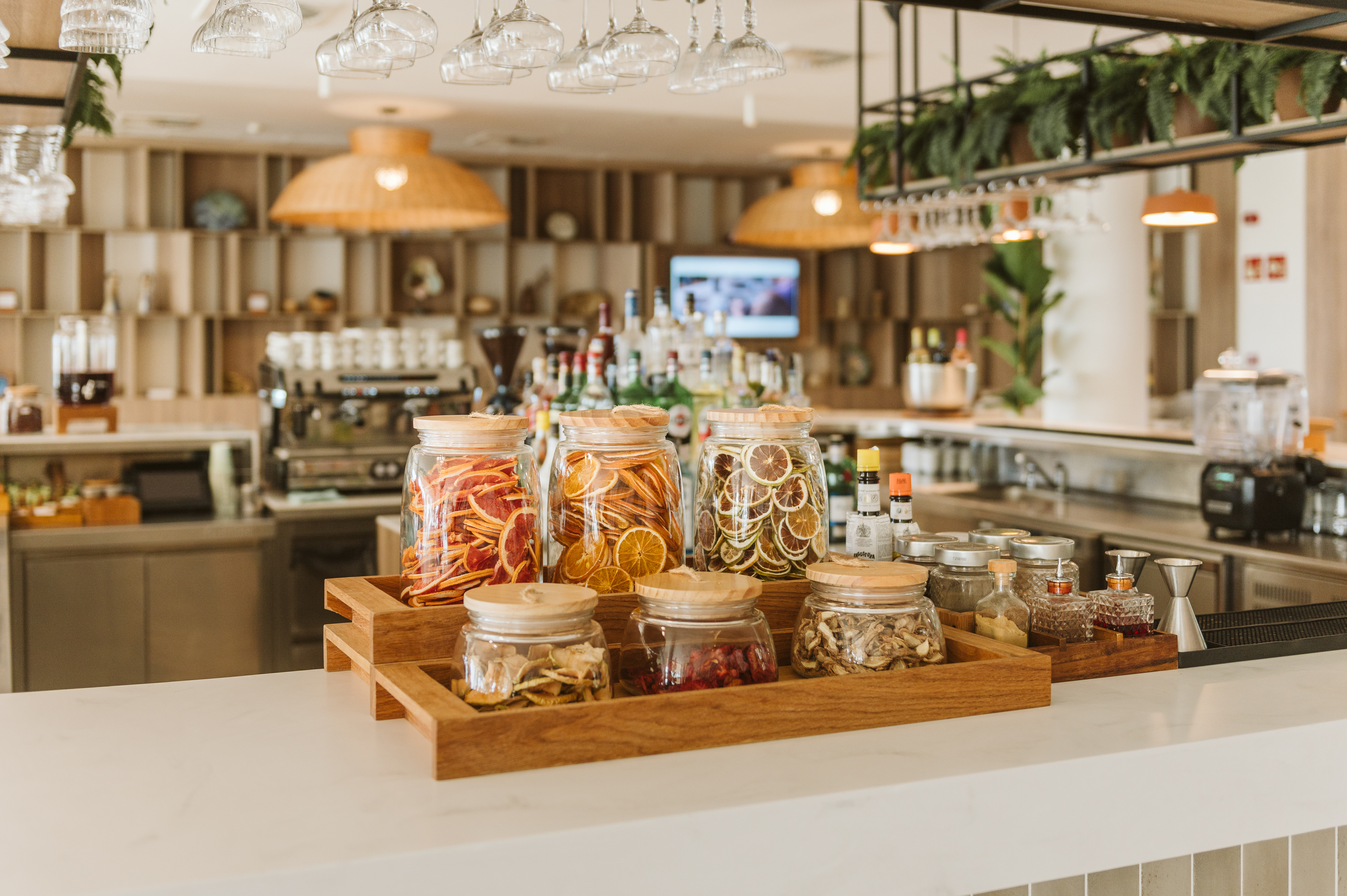 Modern bar with jars of dried grapefruit, orange, and lime cocktail garnishes.