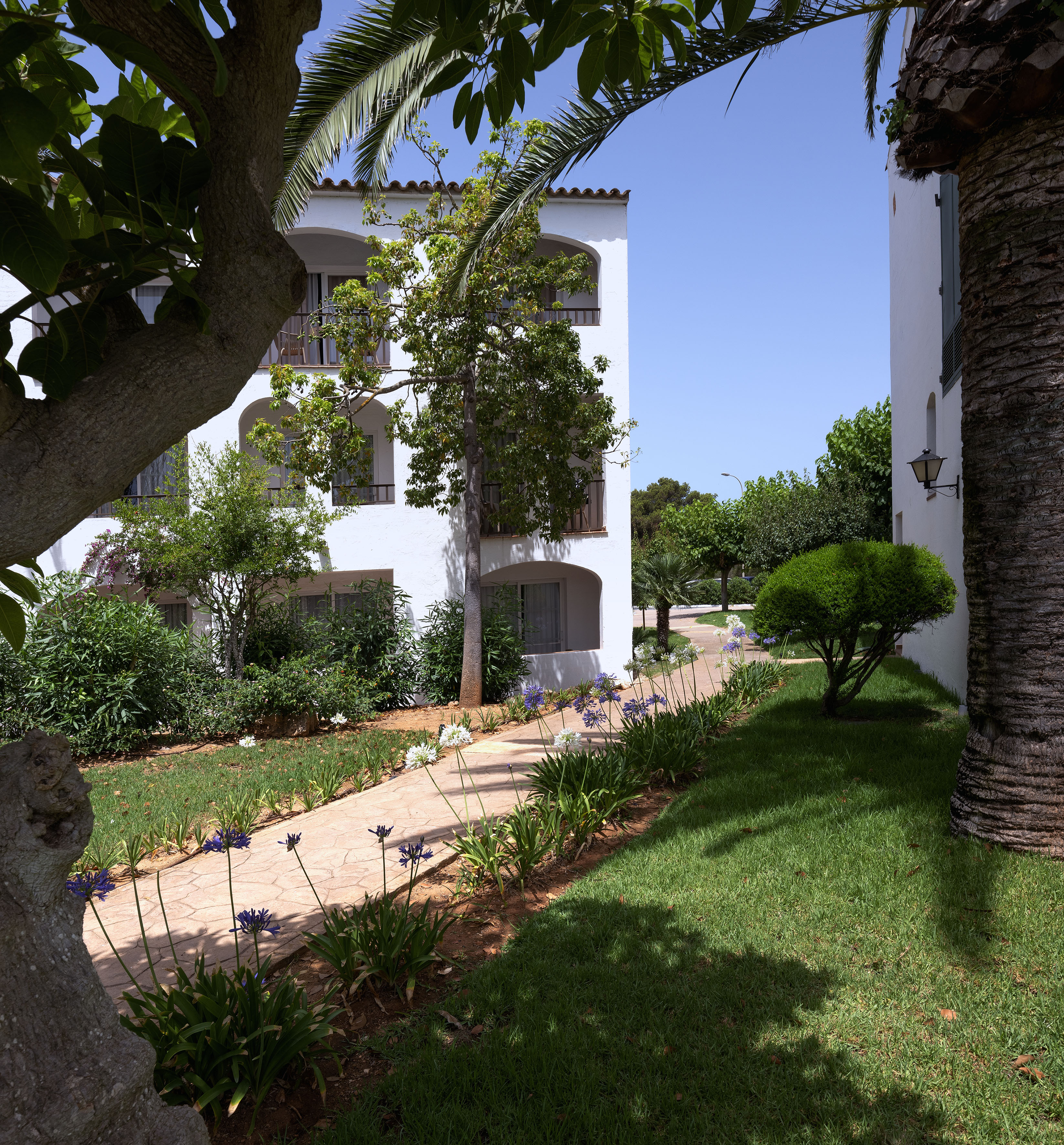 White resort building with lush garden, palm trees, and winding path.
