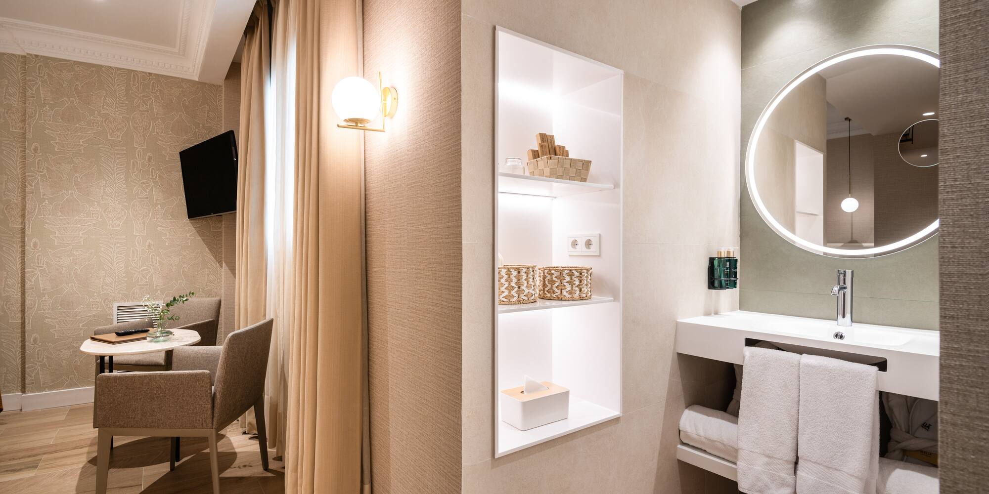 a room with a mirror and a table