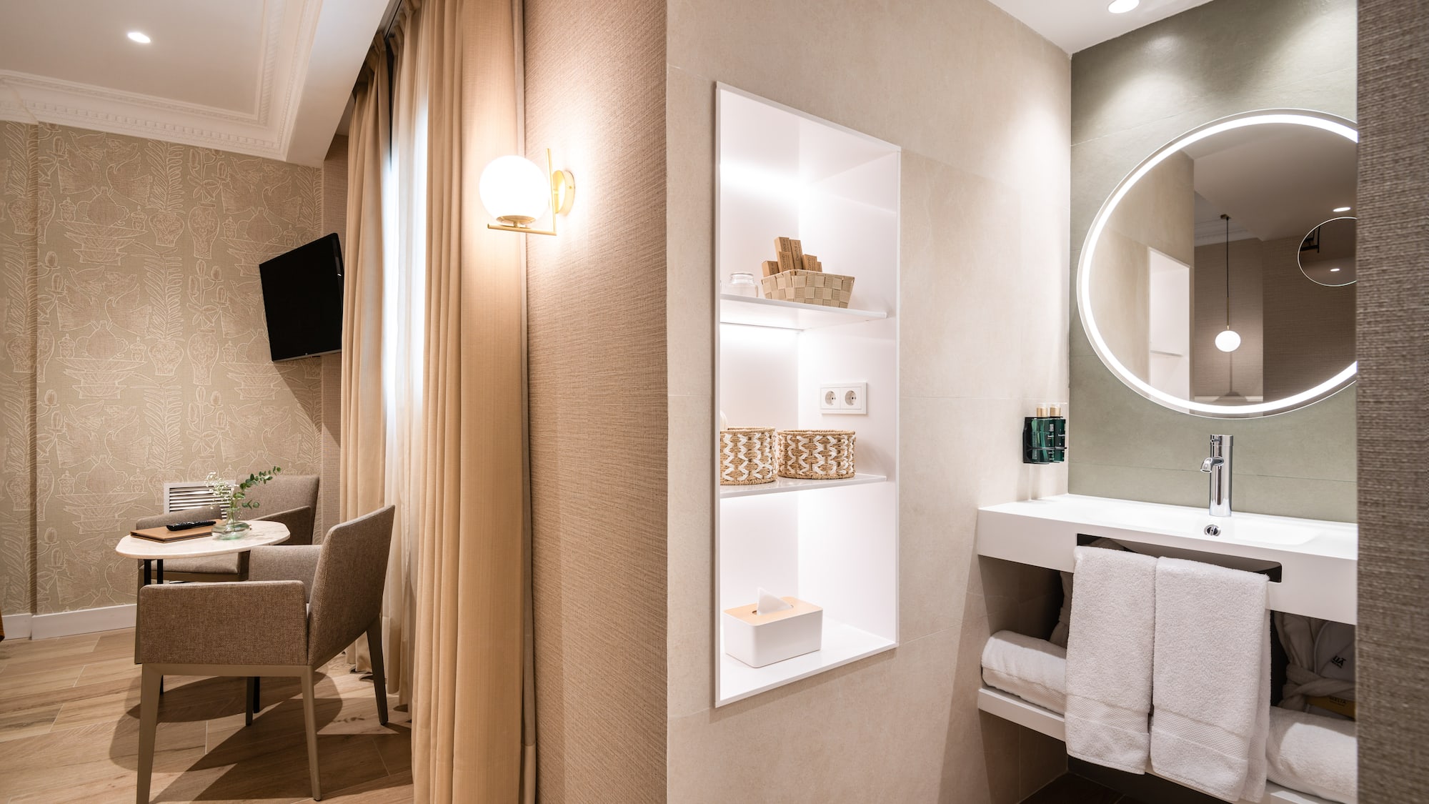 a room with a mirror and a table