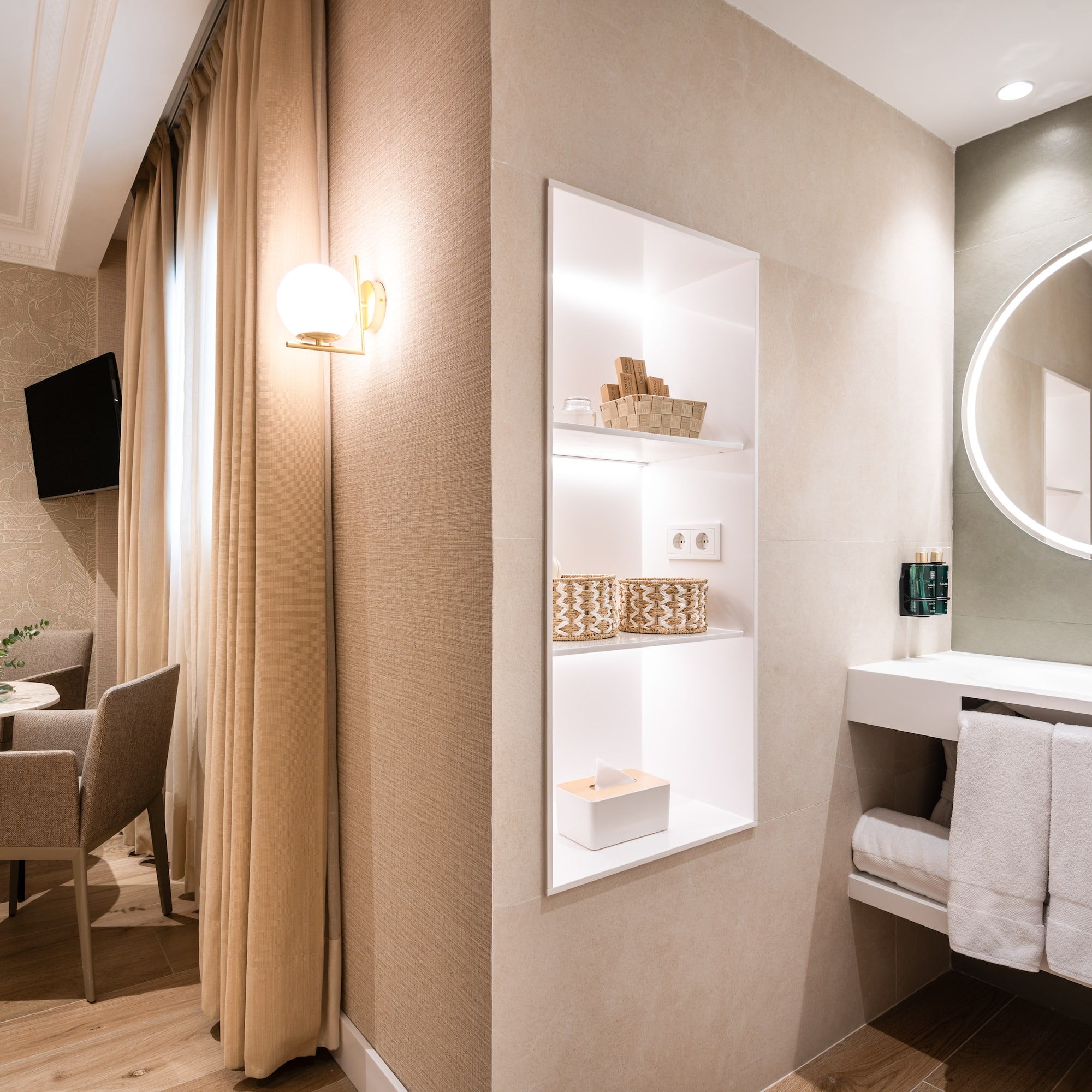 a room with a mirror and a table