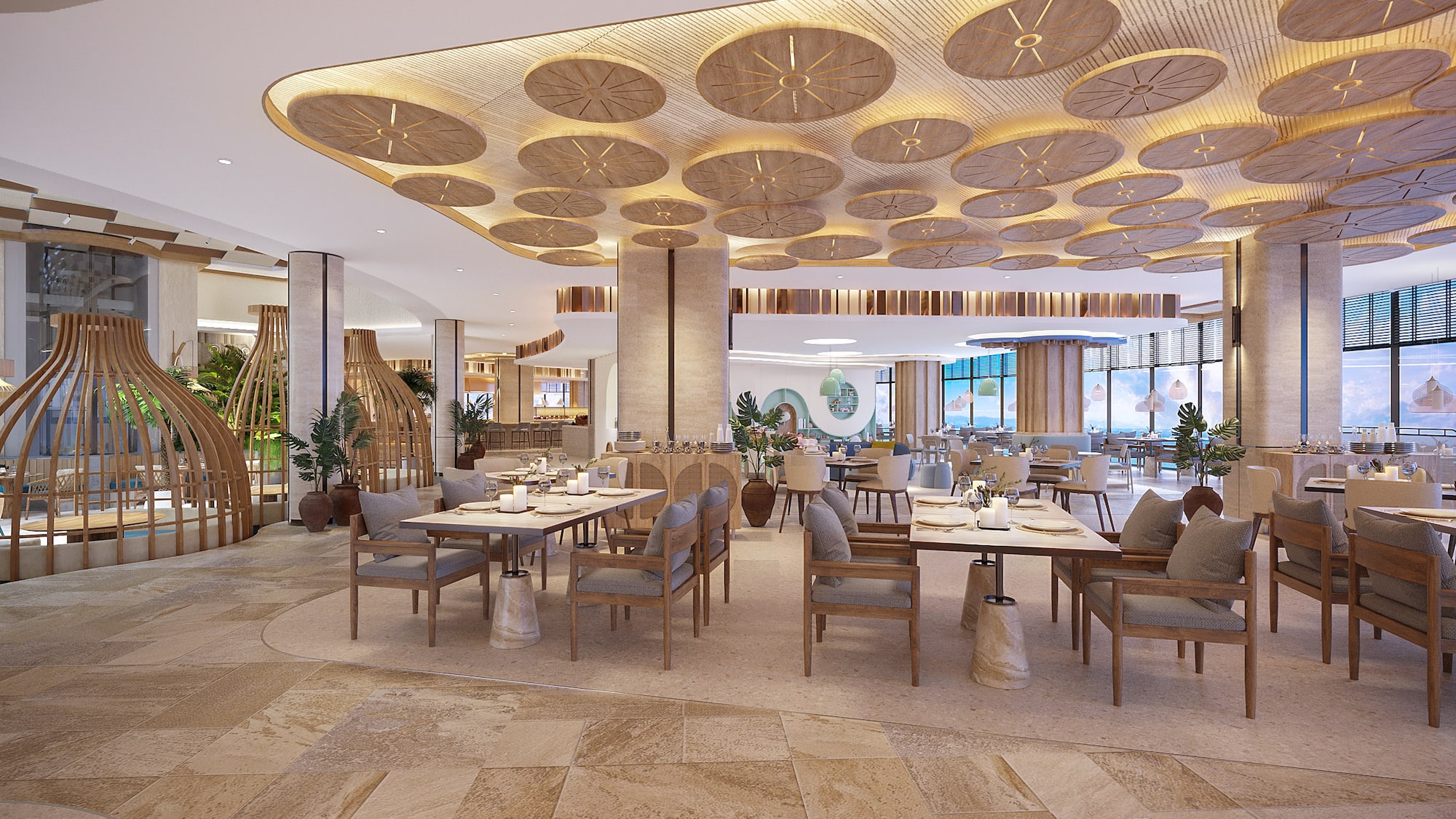 a restaurant with tables and chairs