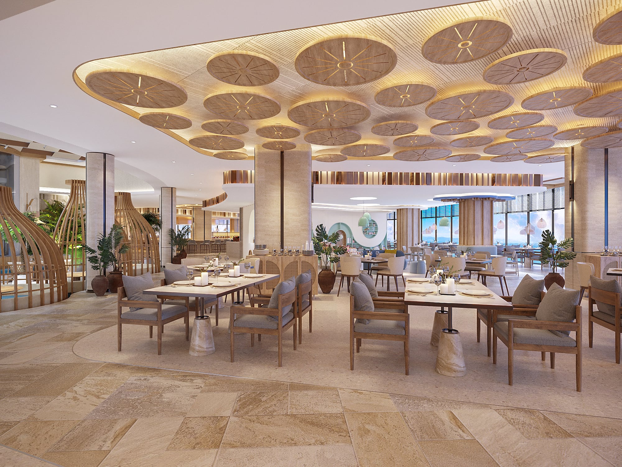 Modern resort restaurant interior with unique wooden ceiling and elegant dining.