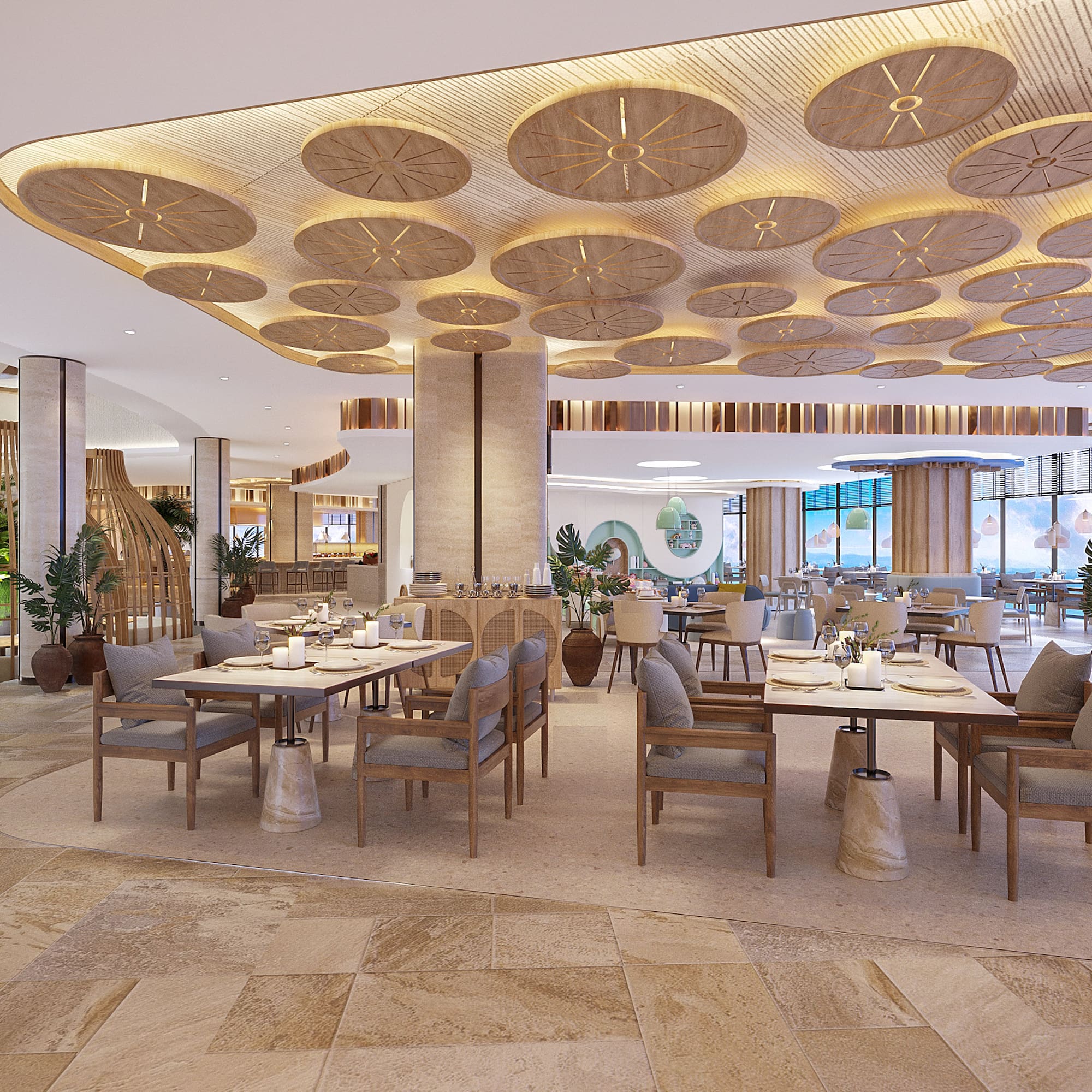 Modern resort restaurant interior with unique wooden ceiling and elegant dining.