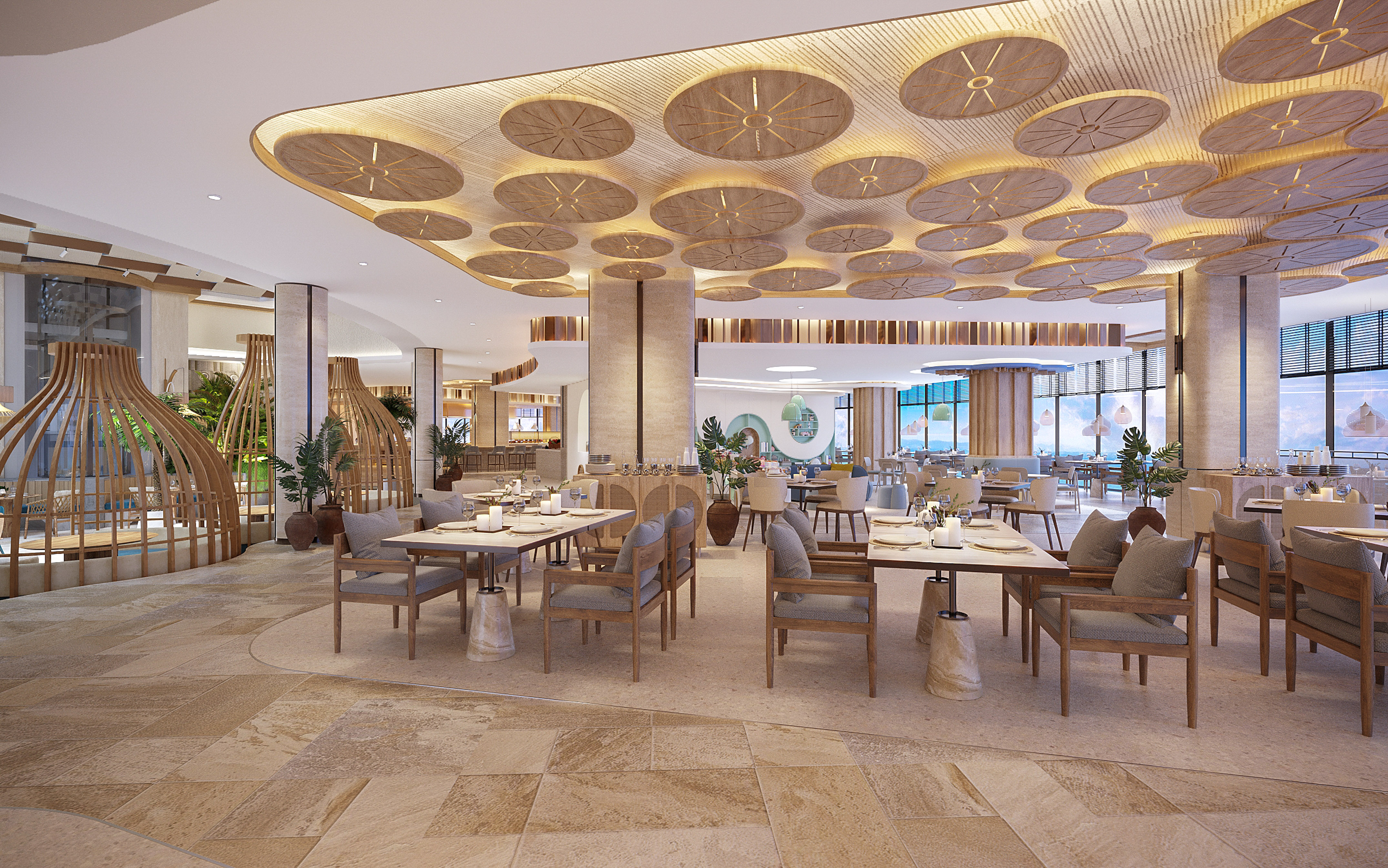 Modern resort restaurant interior with unique wooden ceiling and elegant dining.