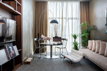 a room with a couch and a table