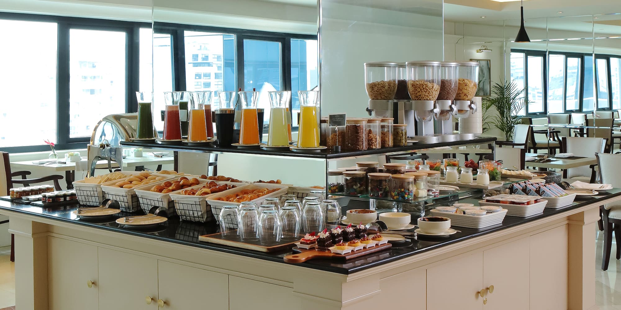 a buffet with food on it