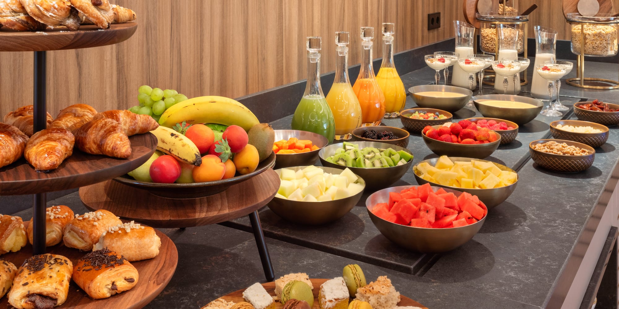 a buffet table with different foods