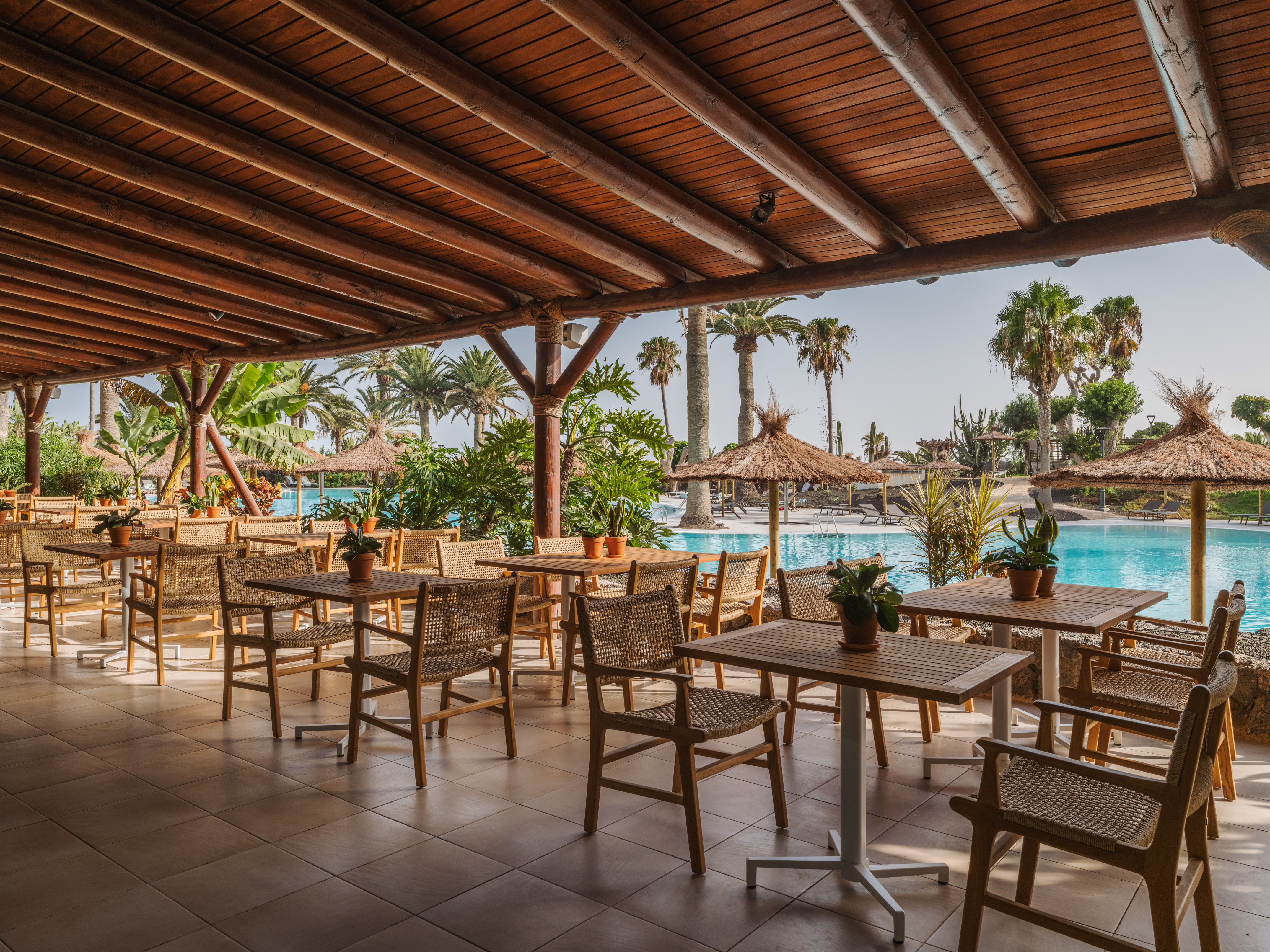 Hotel outdoor dining terrace with wooden tables, pool, and palm trees.