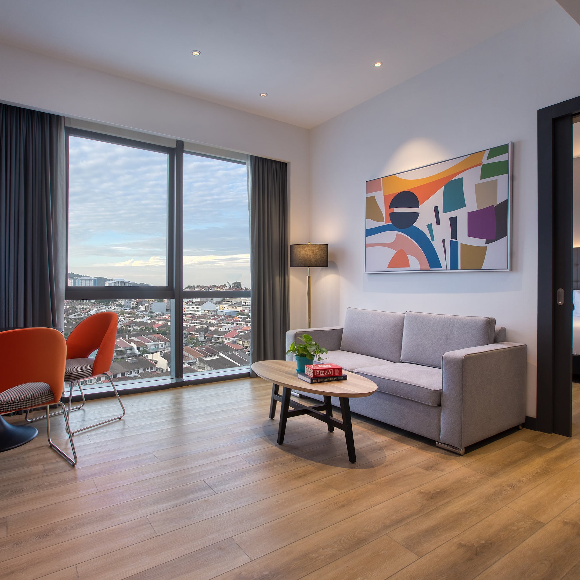 a living room with a couch and a table