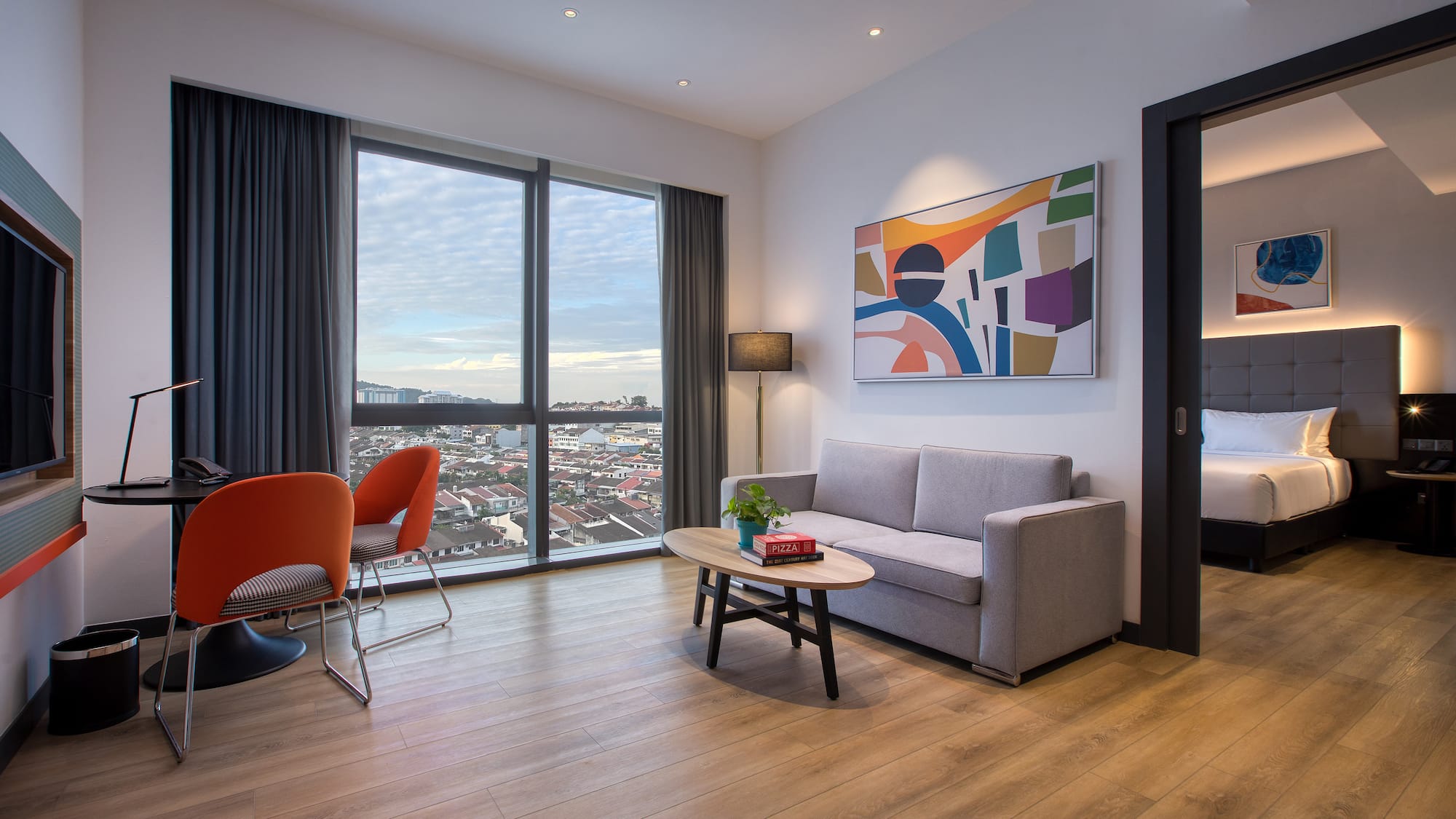 a living room with a couch and a table