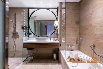 a bathroom with a sink and tub