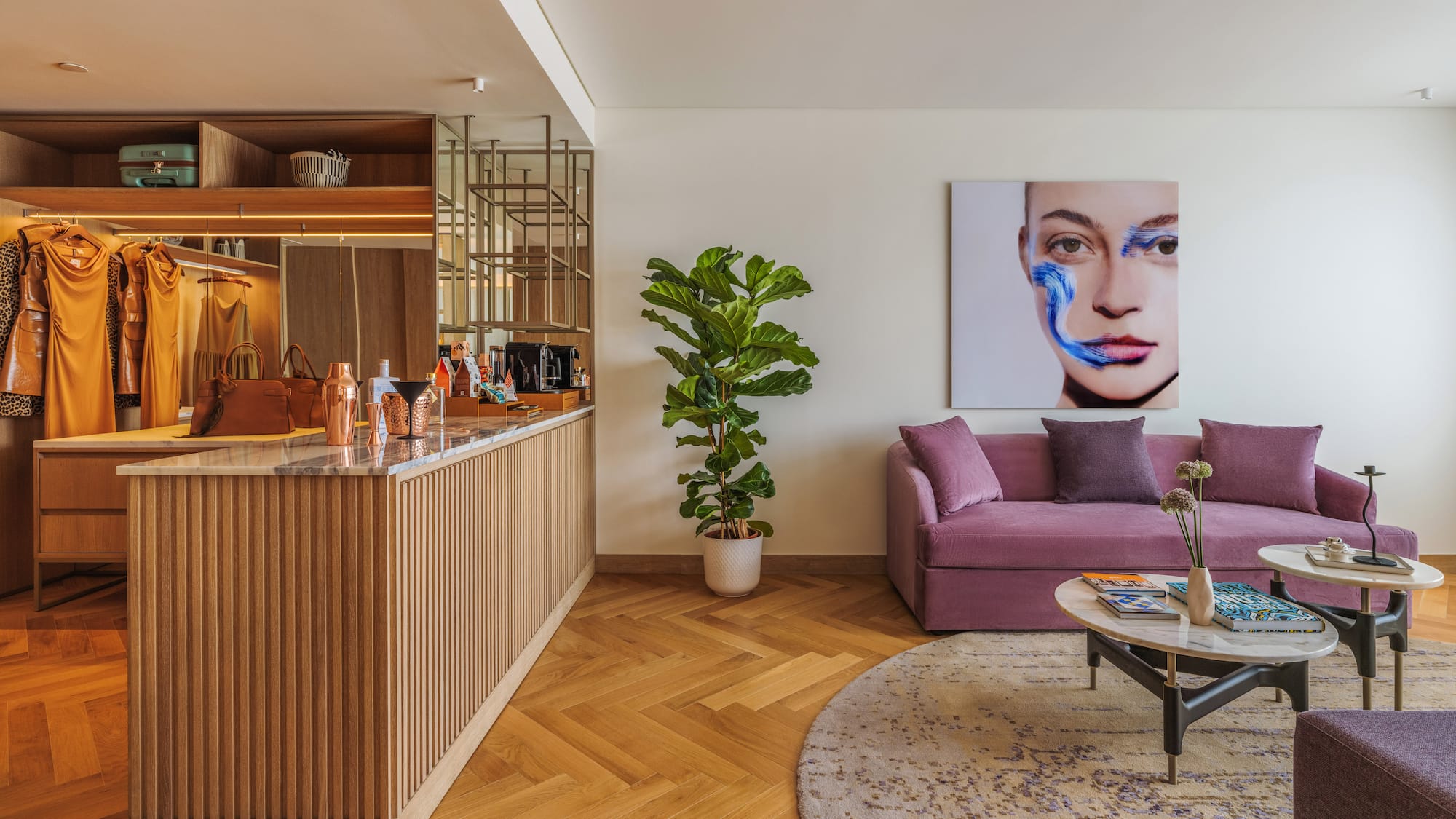 a living room with a couch and a bar