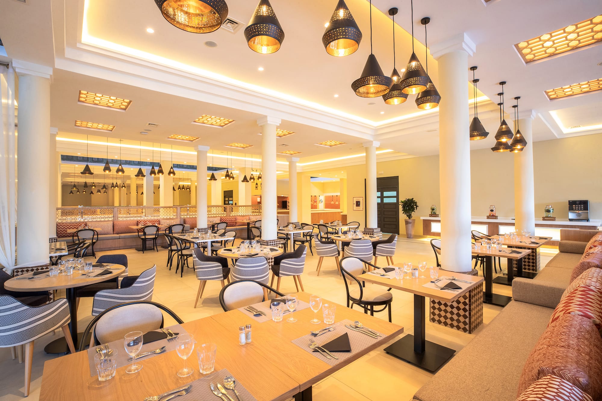 a room with tables and chairs