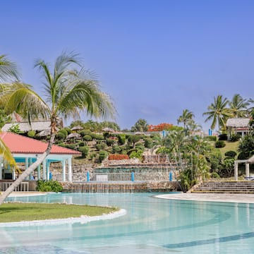 uma piscina com um edifício e palmeiras