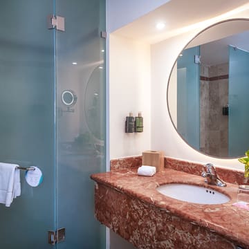 a bathroom with a mirror and a sink