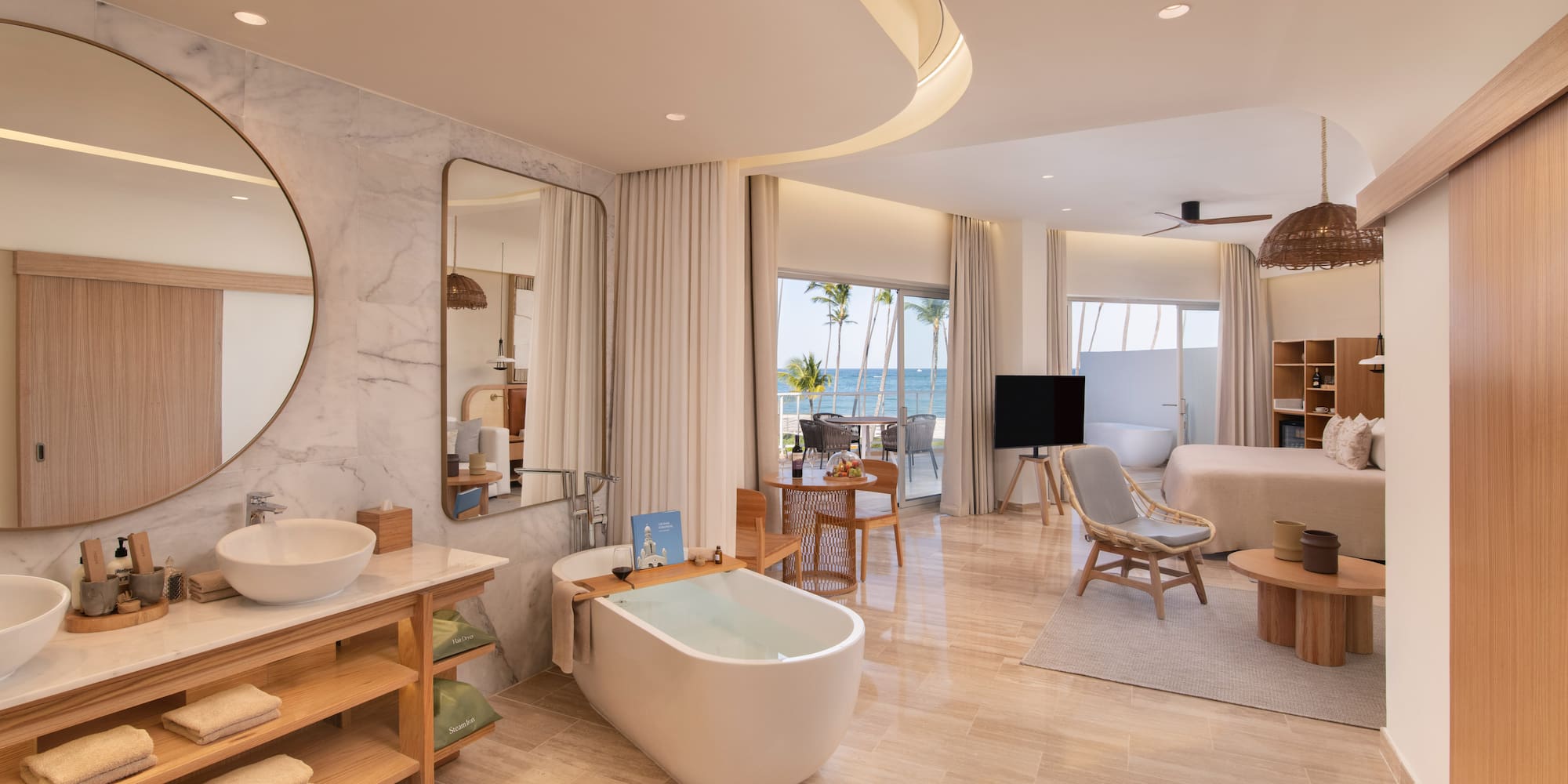 a bathroom with a tub and a mirror