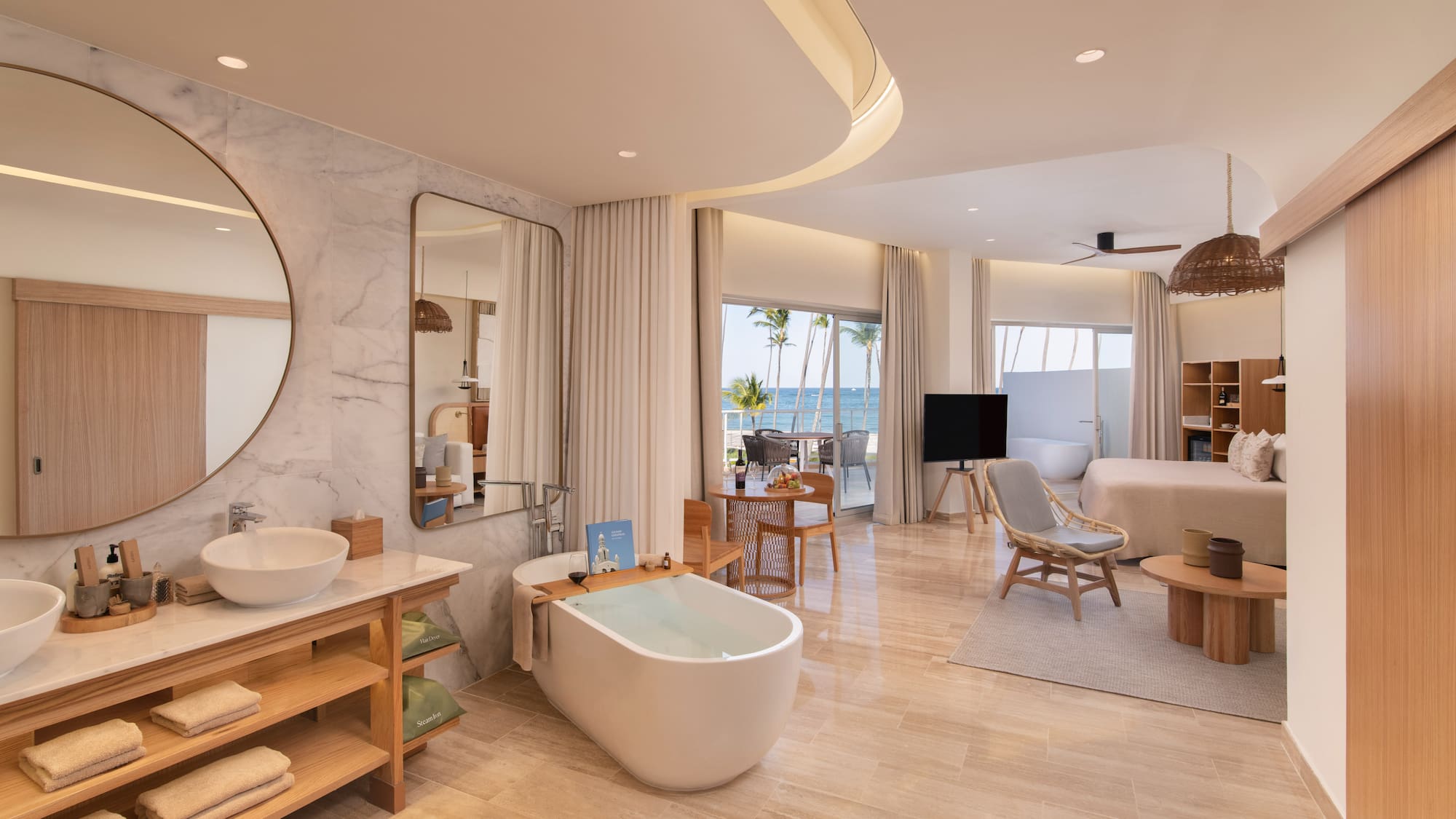 a bathroom with a tub and a mirror