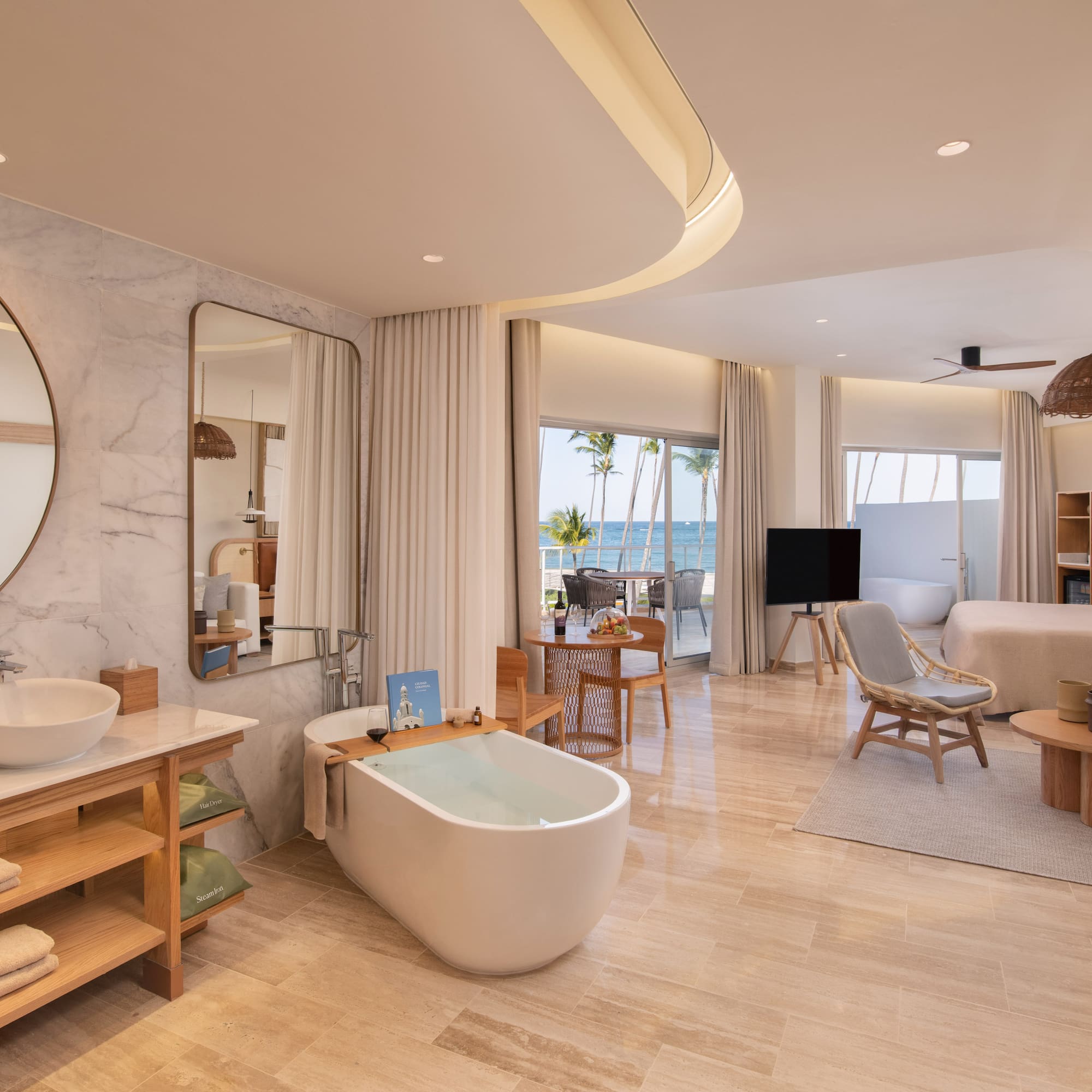 a bathroom with a tub and a mirror