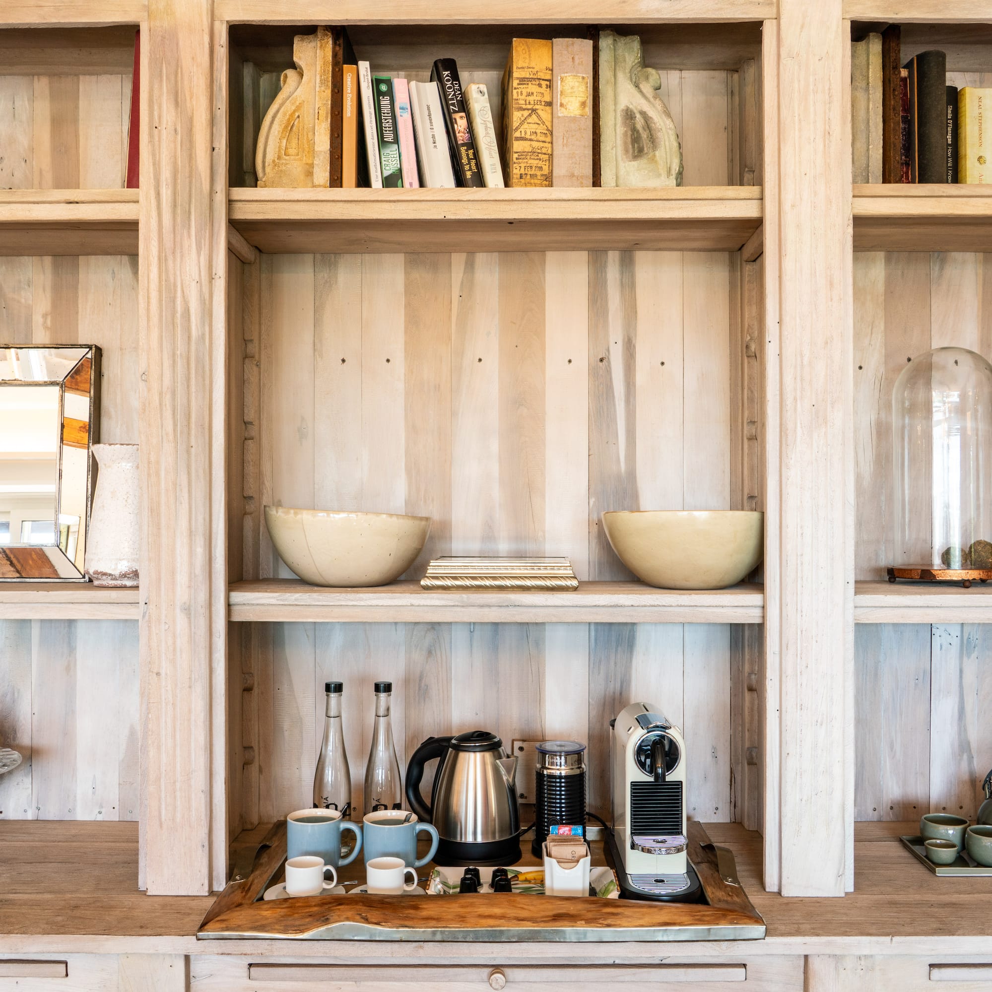 a shelf with a variety of objects on it