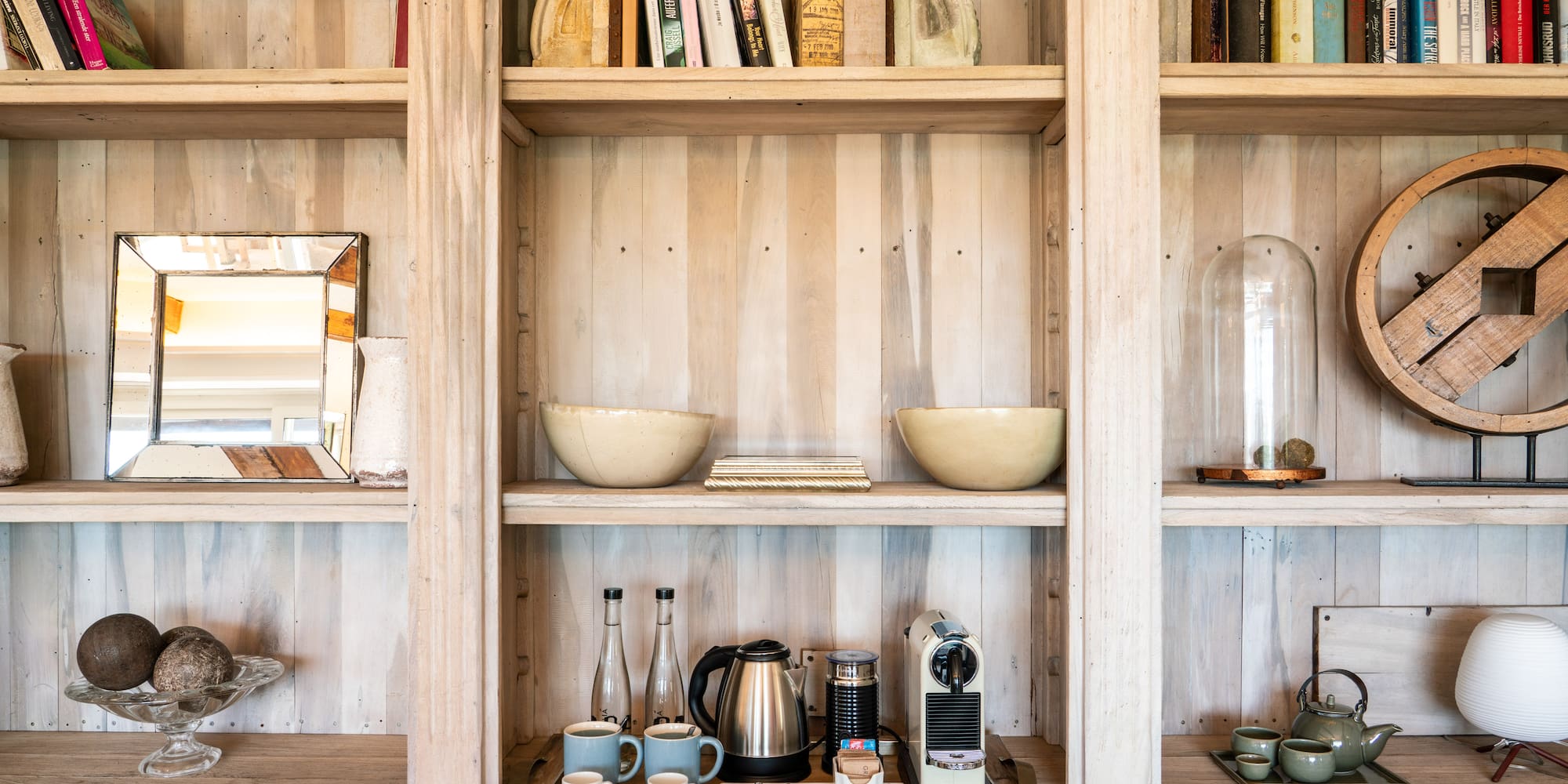 a shelf with a variety of objects on it