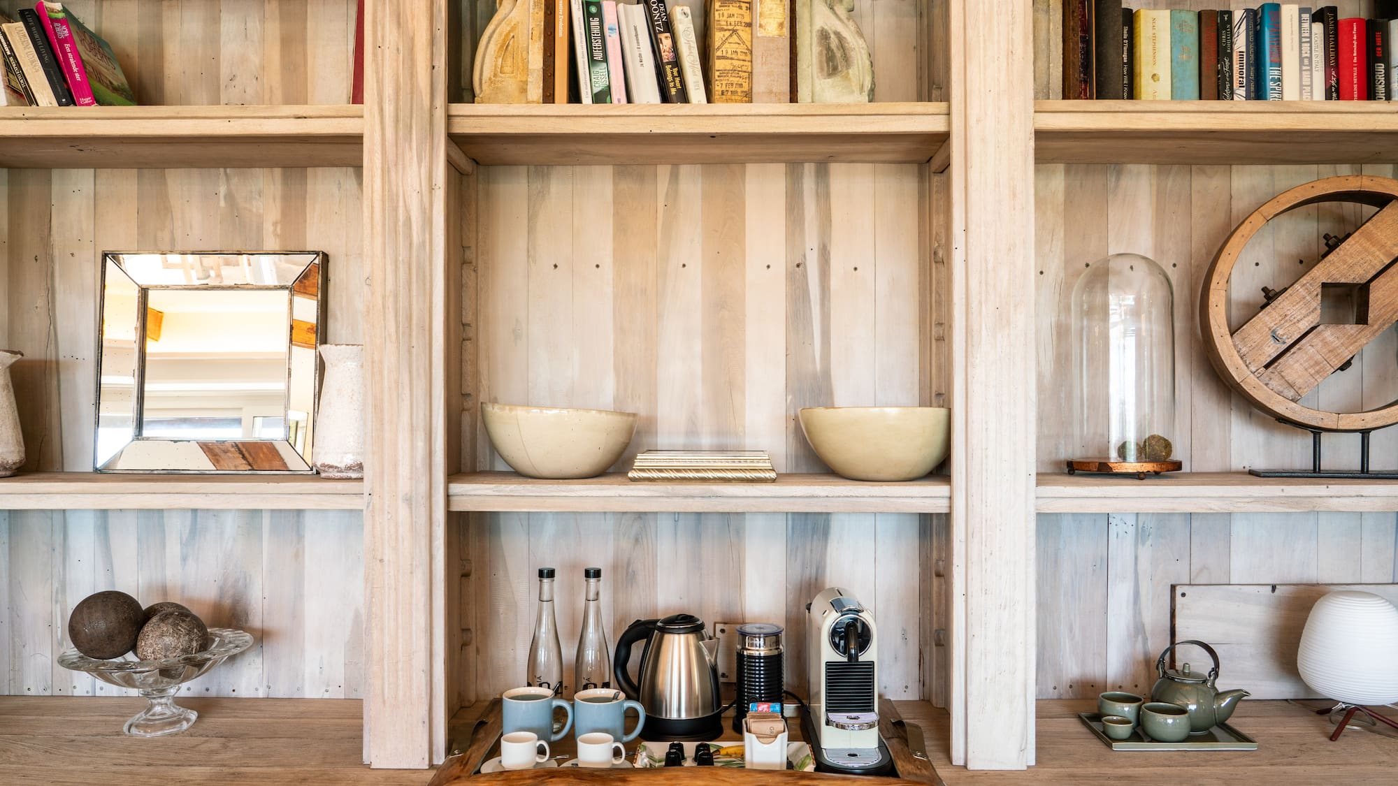 a shelf with a variety of objects on it