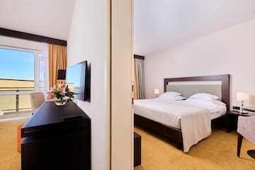 a bedroom with a tv and a bed