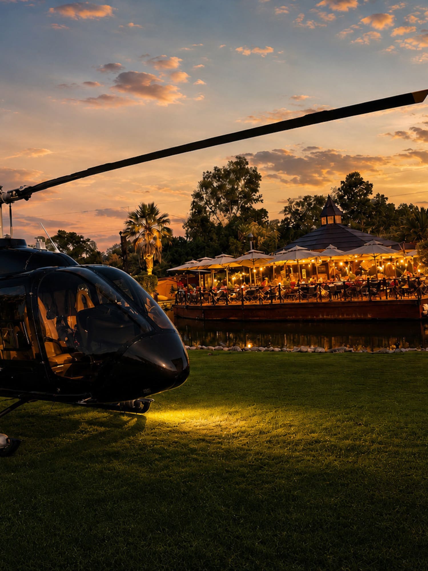 Black helicopter parked at luxury resort restaurant during golden sunset.