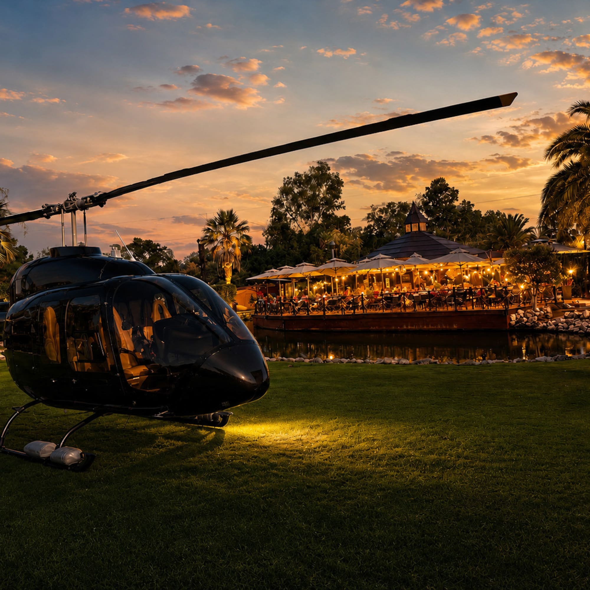 Black helicopter parked at luxury resort restaurant during golden sunset.