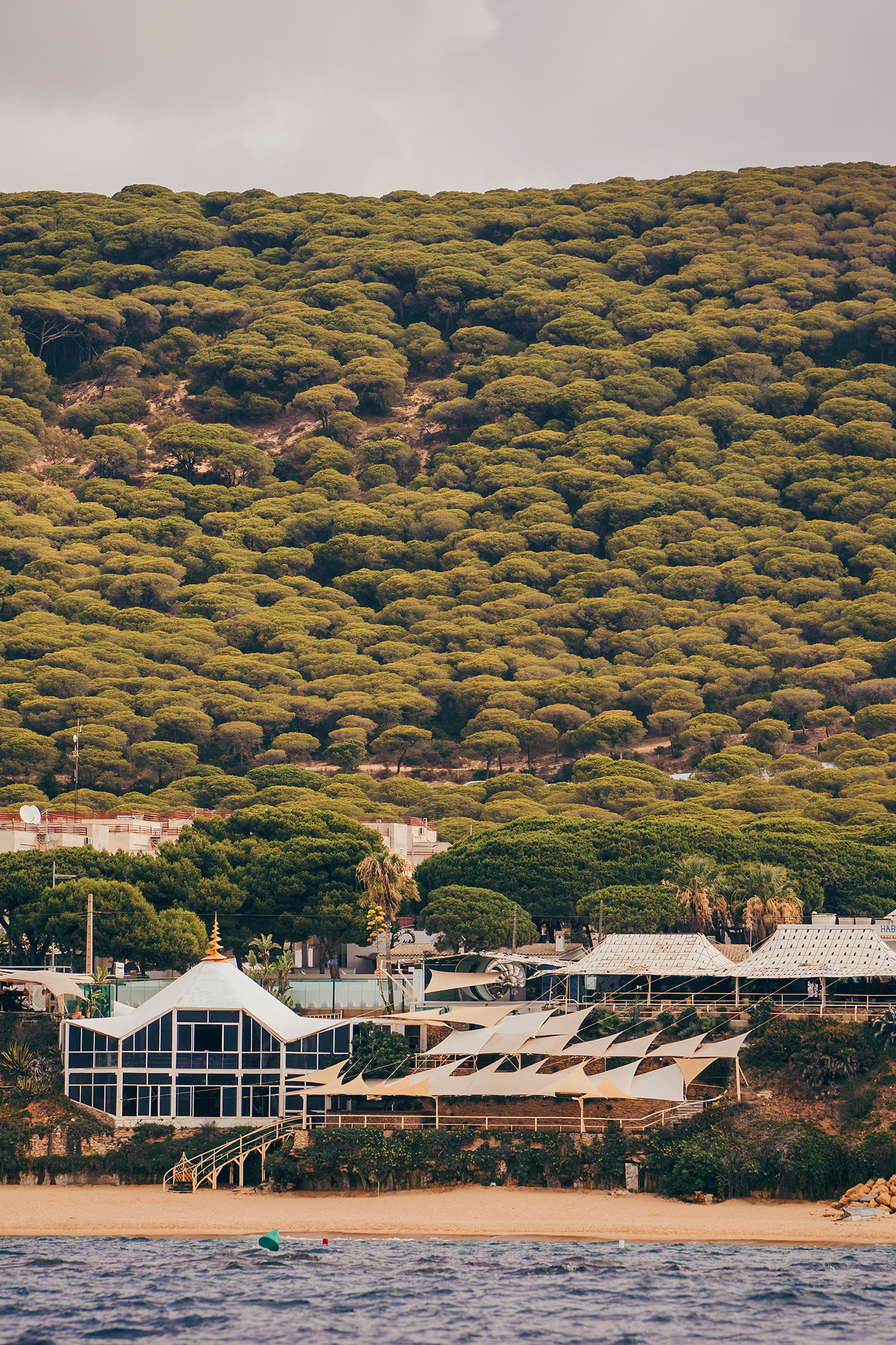 a group of buildings with trees in the background