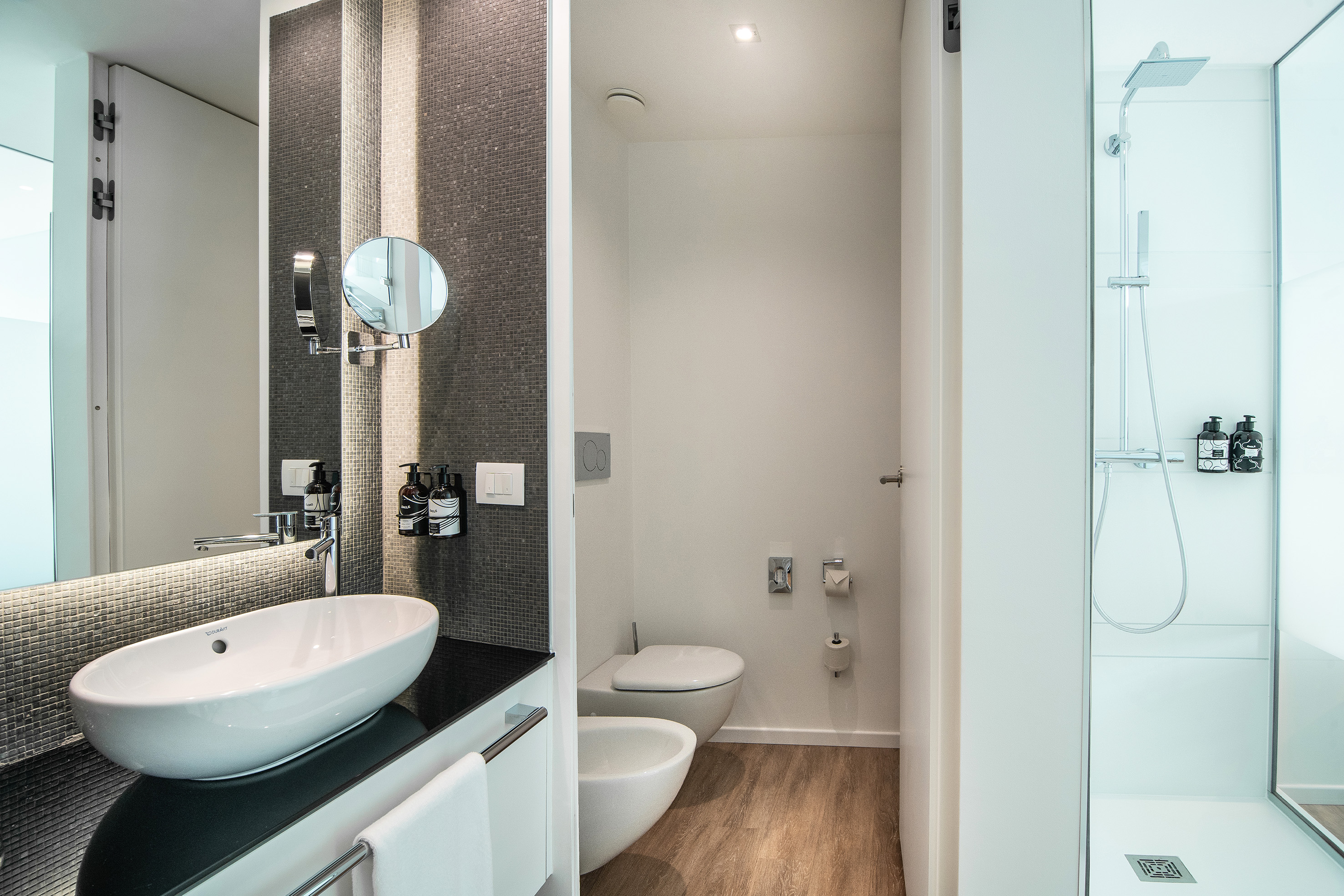 Modern hotel bathroom with vanity, oval sink, toilet, bidet, and glass shower.