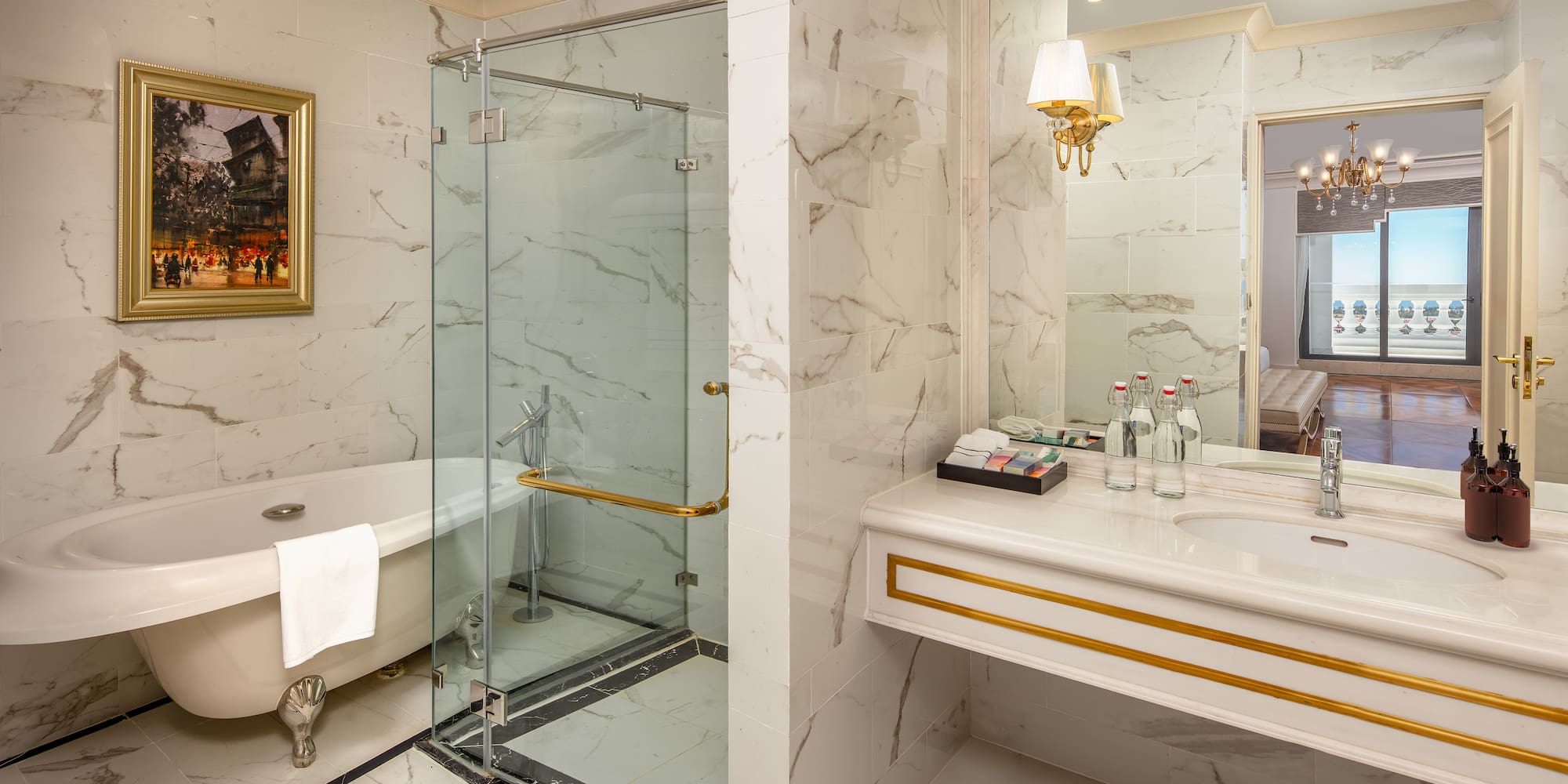 a bathroom with a glass shower and a bathtub